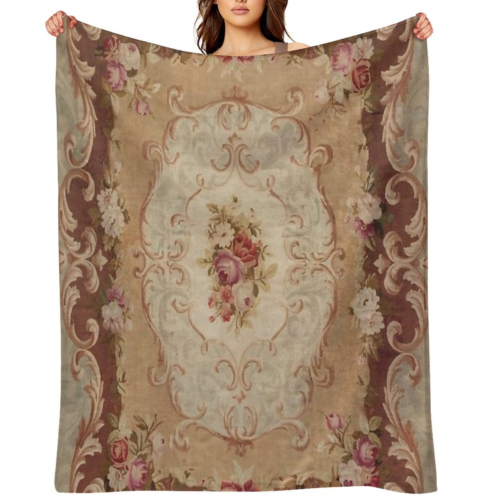 Antique Rose Floral French Aubusson Rug Print Premium Throw Blanket