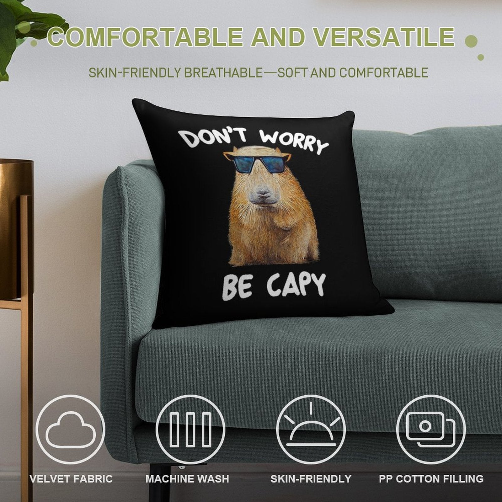 Funny Capybara Dont Worry Be Capy Funny Rodent Soft Reinforced Edging Throw Pillow