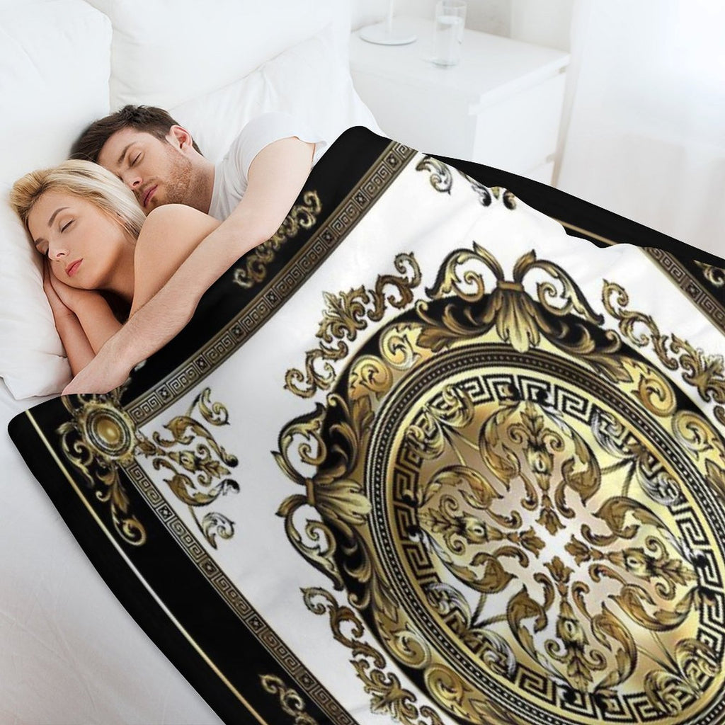 Ornate Baroque White Gold Black Greek Key Meander Compact Throw Blanket