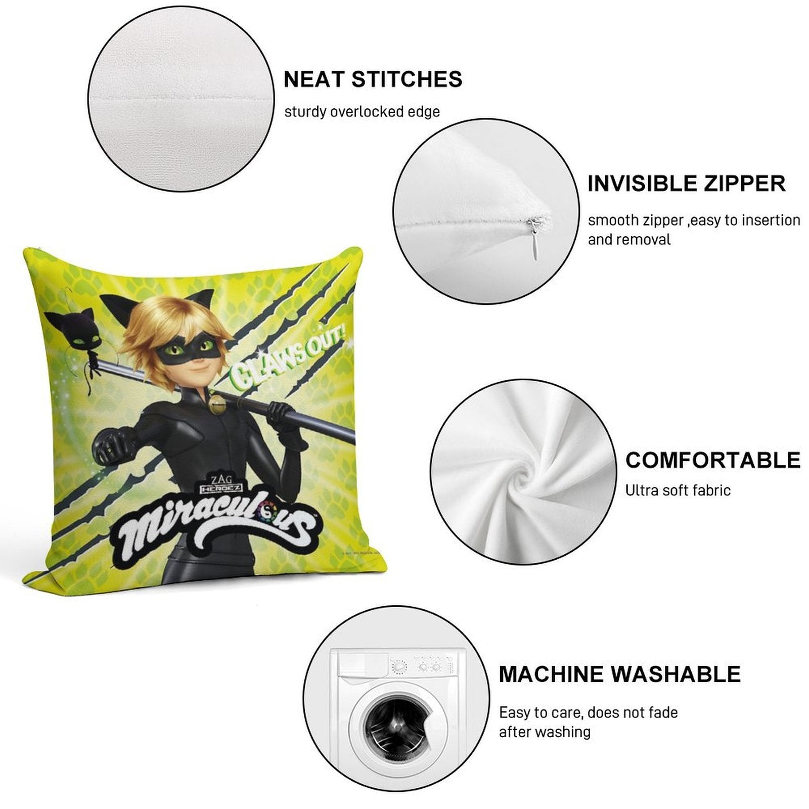 Miraculous Ladybug - Character Focus Cat Noir Claws Out Soft Decorative Cover Throw Pillow