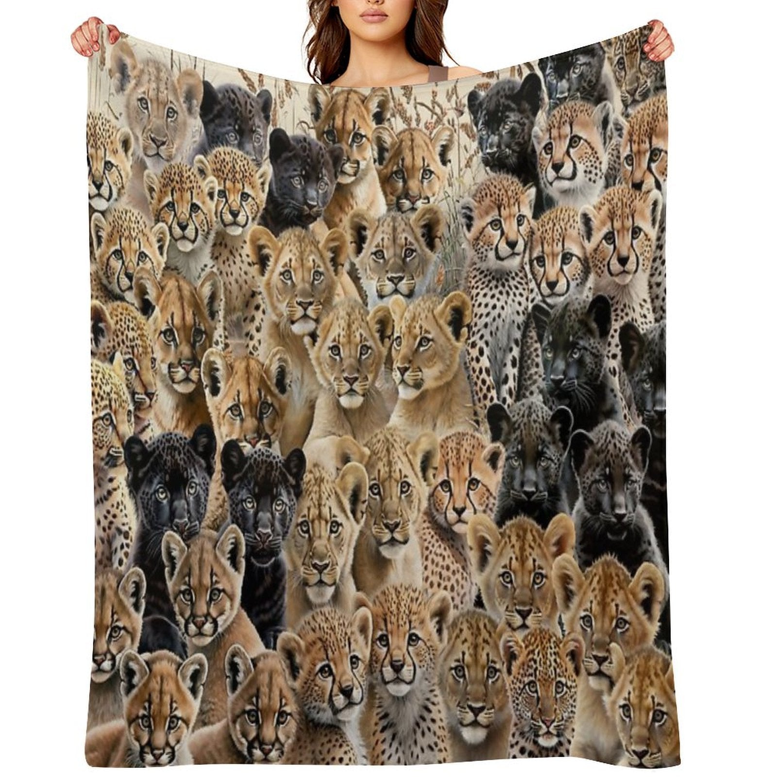The Big-Little Roar Collage, Majestic Cubs, Baby Lions, Leopards, Cheetahs, Panthers And Cougars Easy Care Throw Blanket