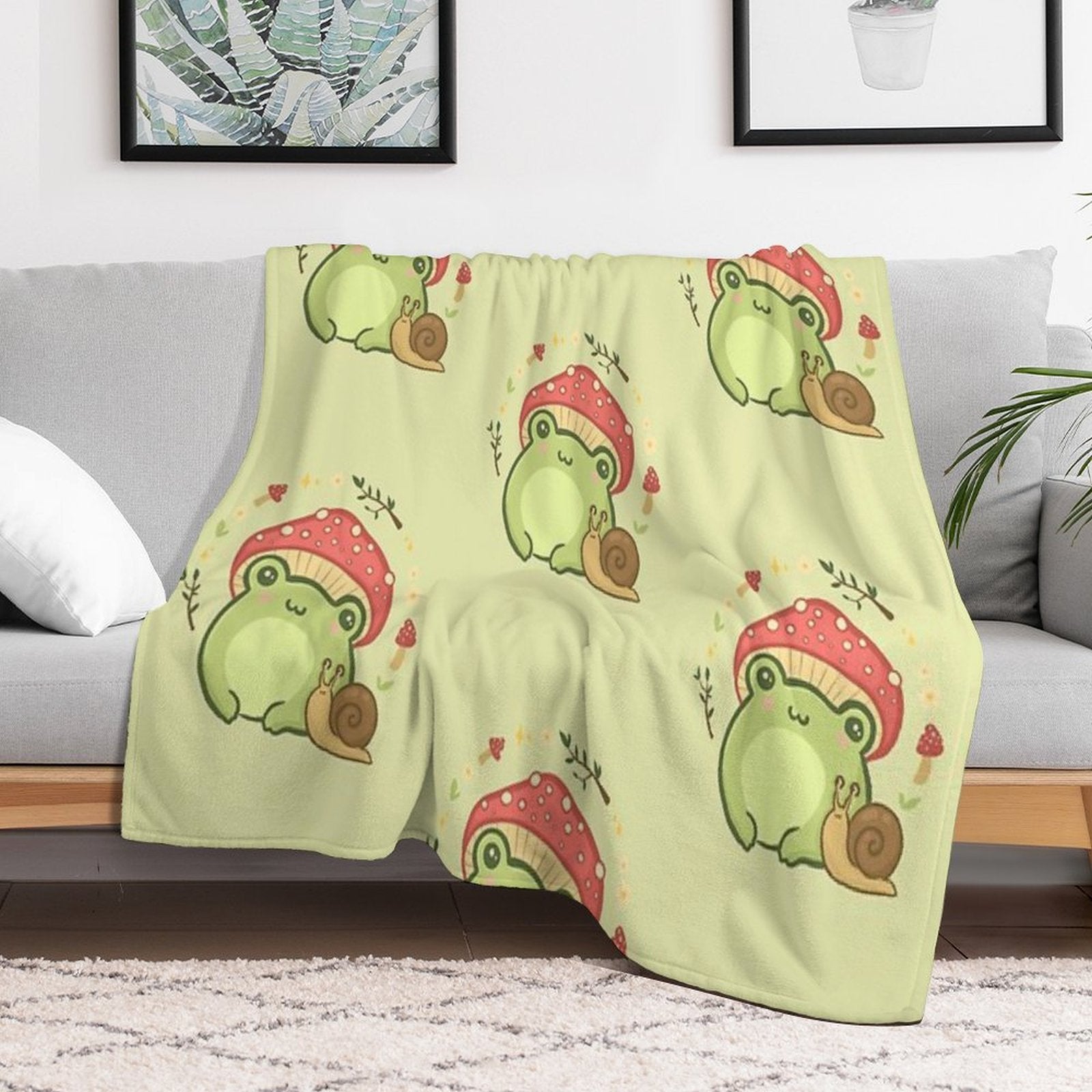 Cute Kawaii Frog with Toadstool Mushroom Hat And Snail Cottagecore Aesthetic Love Machine-washable Throw Blanket