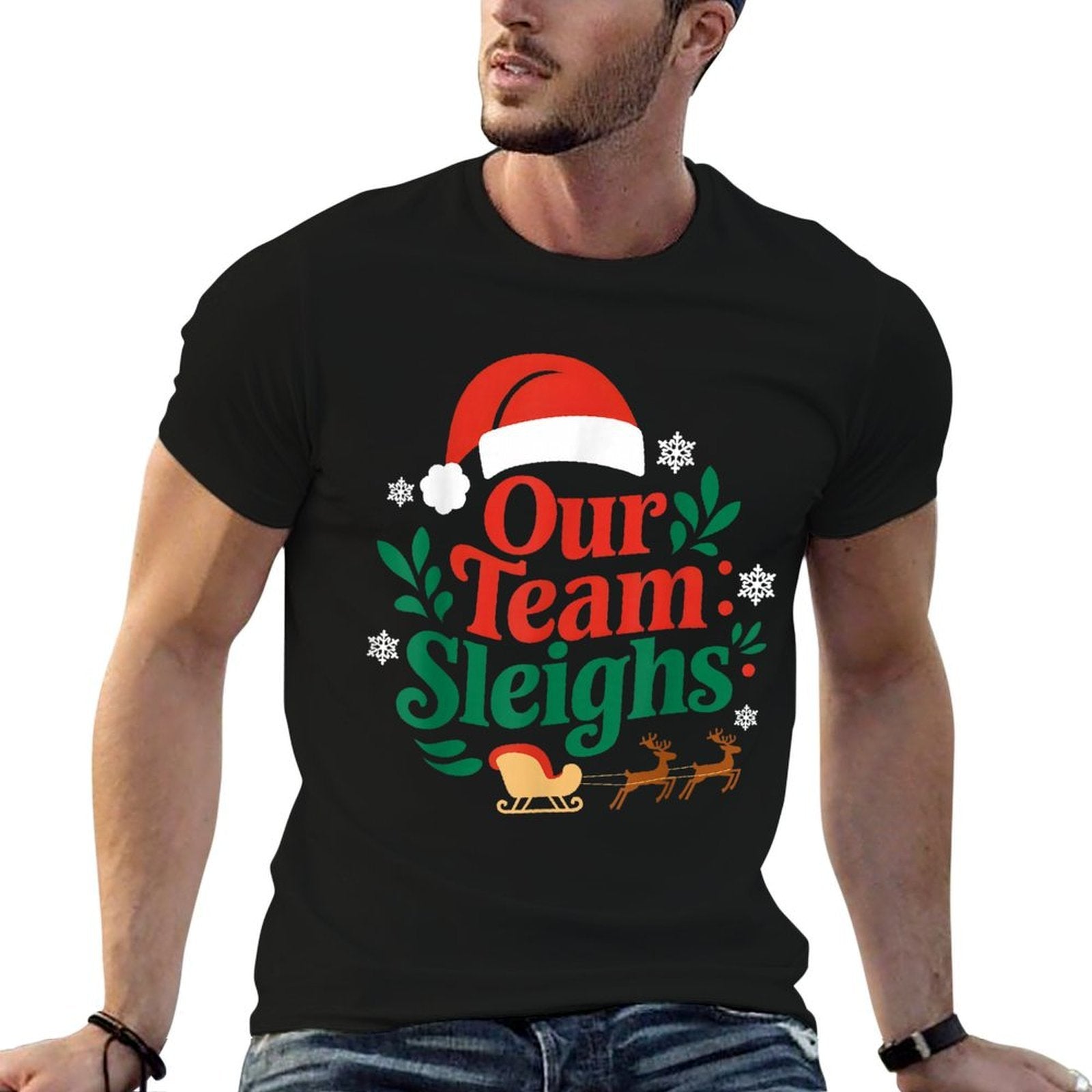 Our Team Sleighs Christmas Reindeers Santas Workers Office  Relaxed-fit T-Shirt