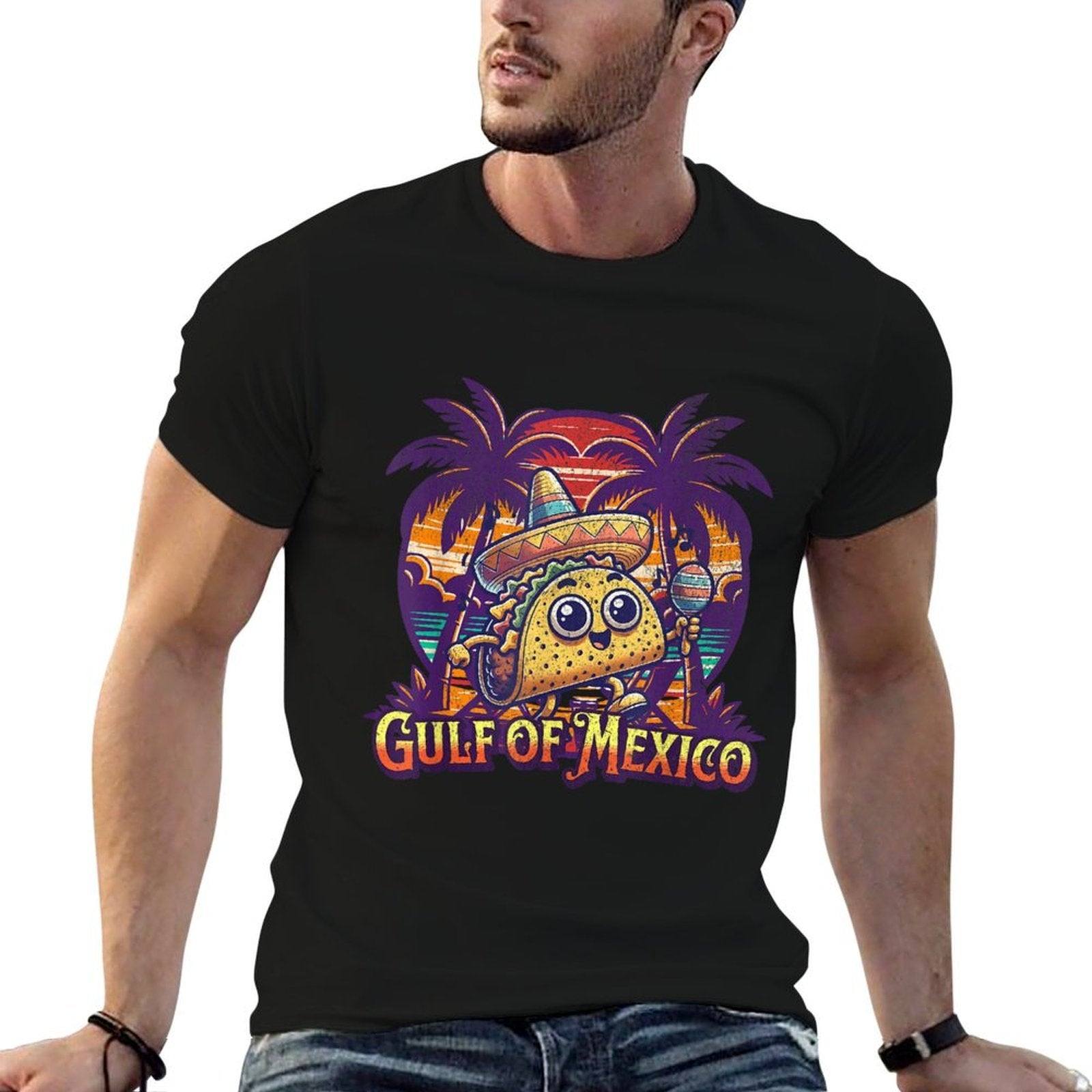 Gulf of Mexico with A Cute Mexican Cool Taco Illustration  Heathered Texture T-Shirt