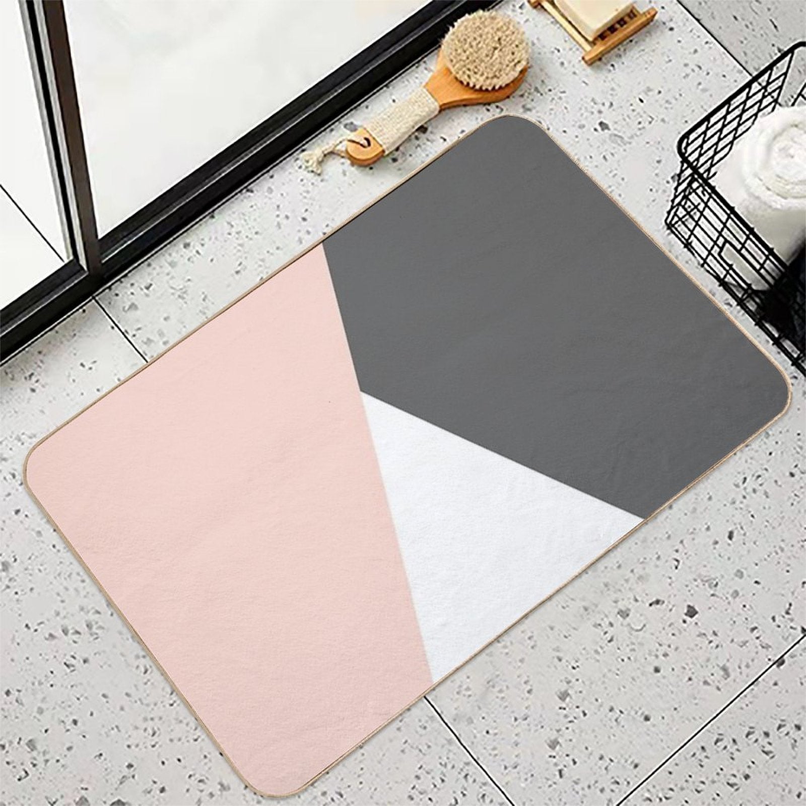 Elegant Blush Pink & Grey Geometric Triangles  Stain-Proof Bath Mat