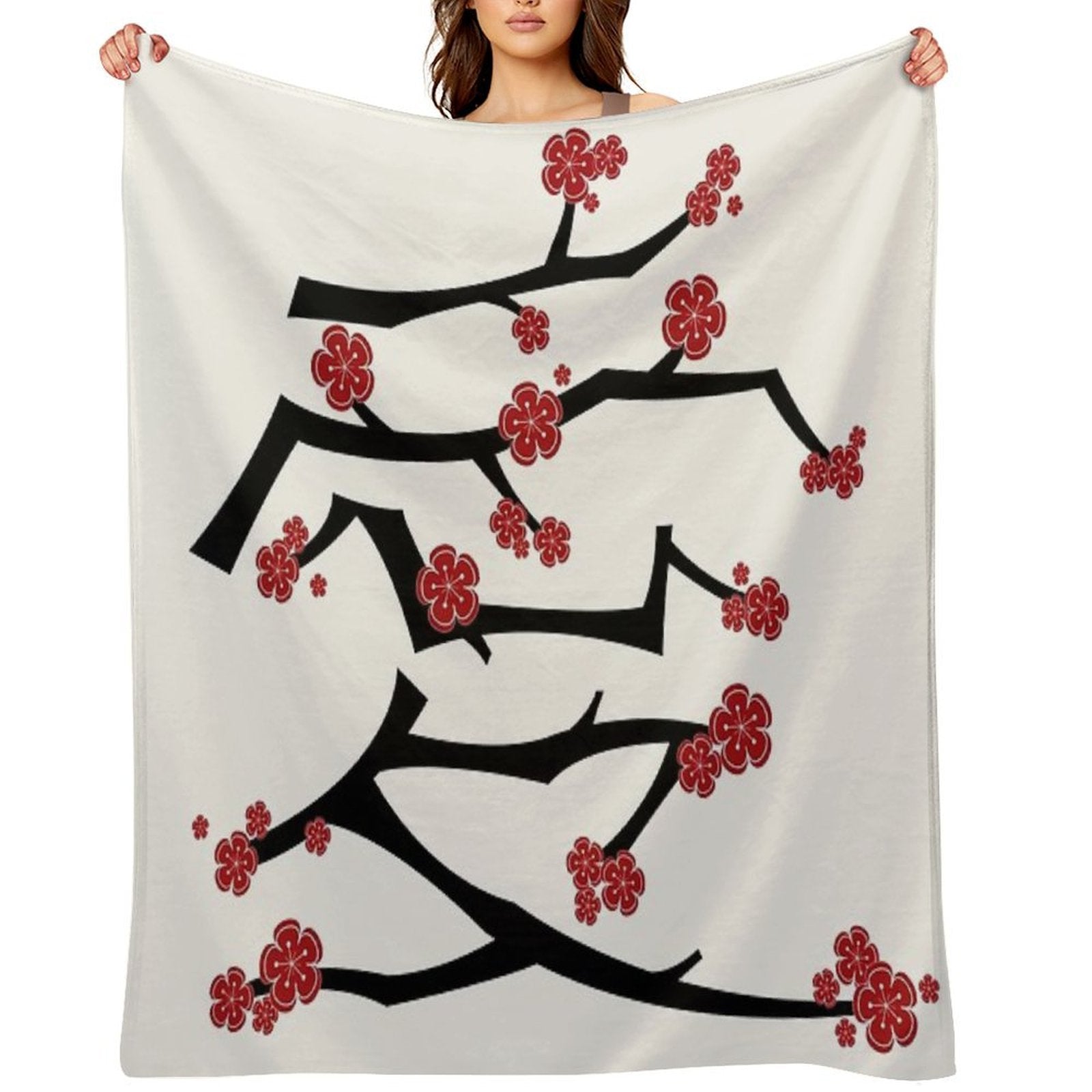 Chinese 'Ai' (Love) Calligraphy With Red Cherry Blossoms On Black Branches  Japanese Sakura Kanji © Fatfatin Anti-pilling Throw Blanket