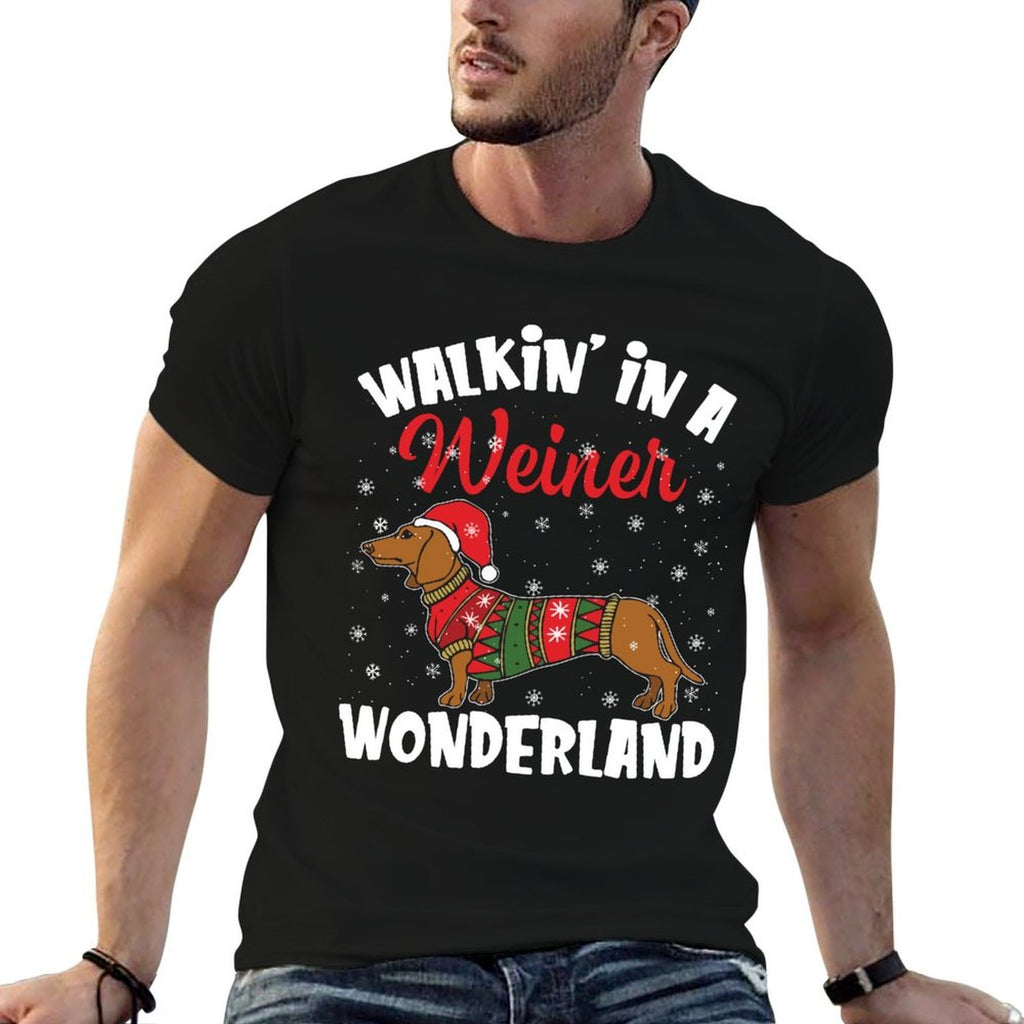 Walking In A Wiener Wonderland Funny Dachshund Christmas  High-quality Stitching T-Shirt