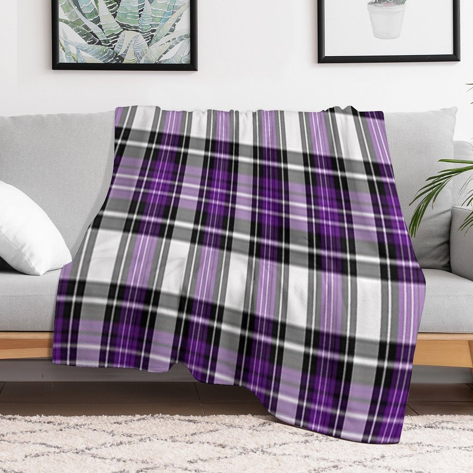 Purple And Black Plaid Sustainable Throw Blanket