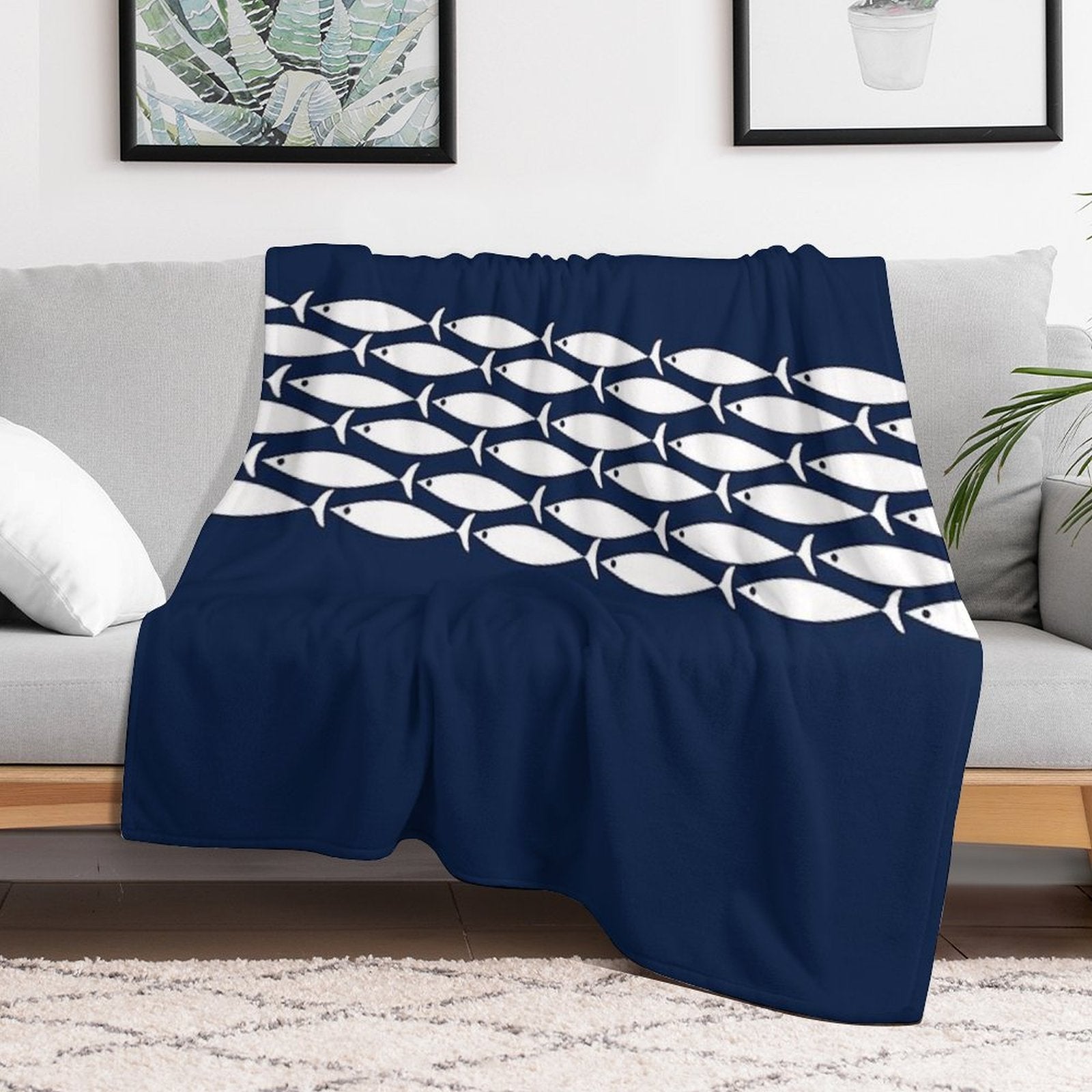 Fish Stripe 6 - Minimalist Midcentury Modern Fish in White And Nautical Navy Blue Eco-conscious Throw Blanket