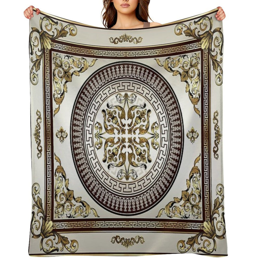 Baroque Ornate Cream Gold Brown Greek Key Premium Throw Blanket