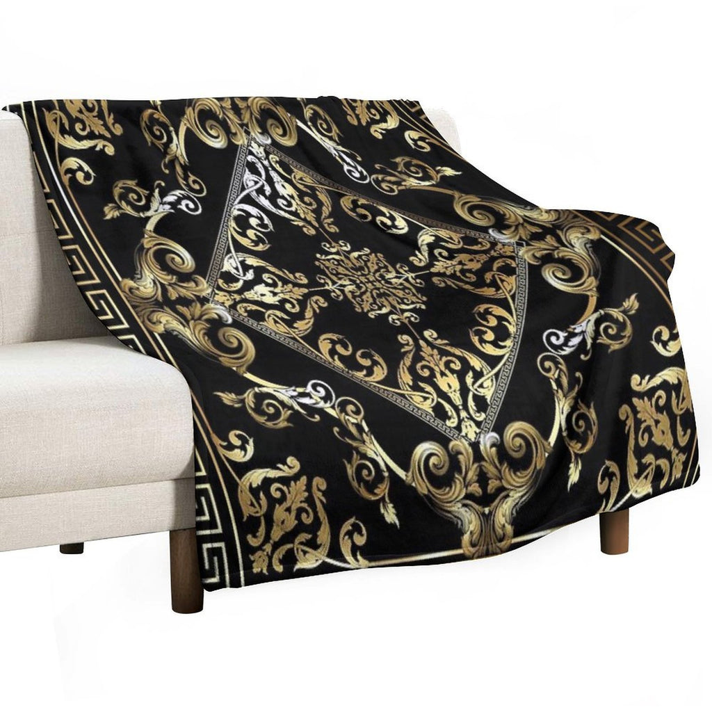 Ornate Baroque Filigree Gold Black Waves Greek Meander All-season Throw Blanket