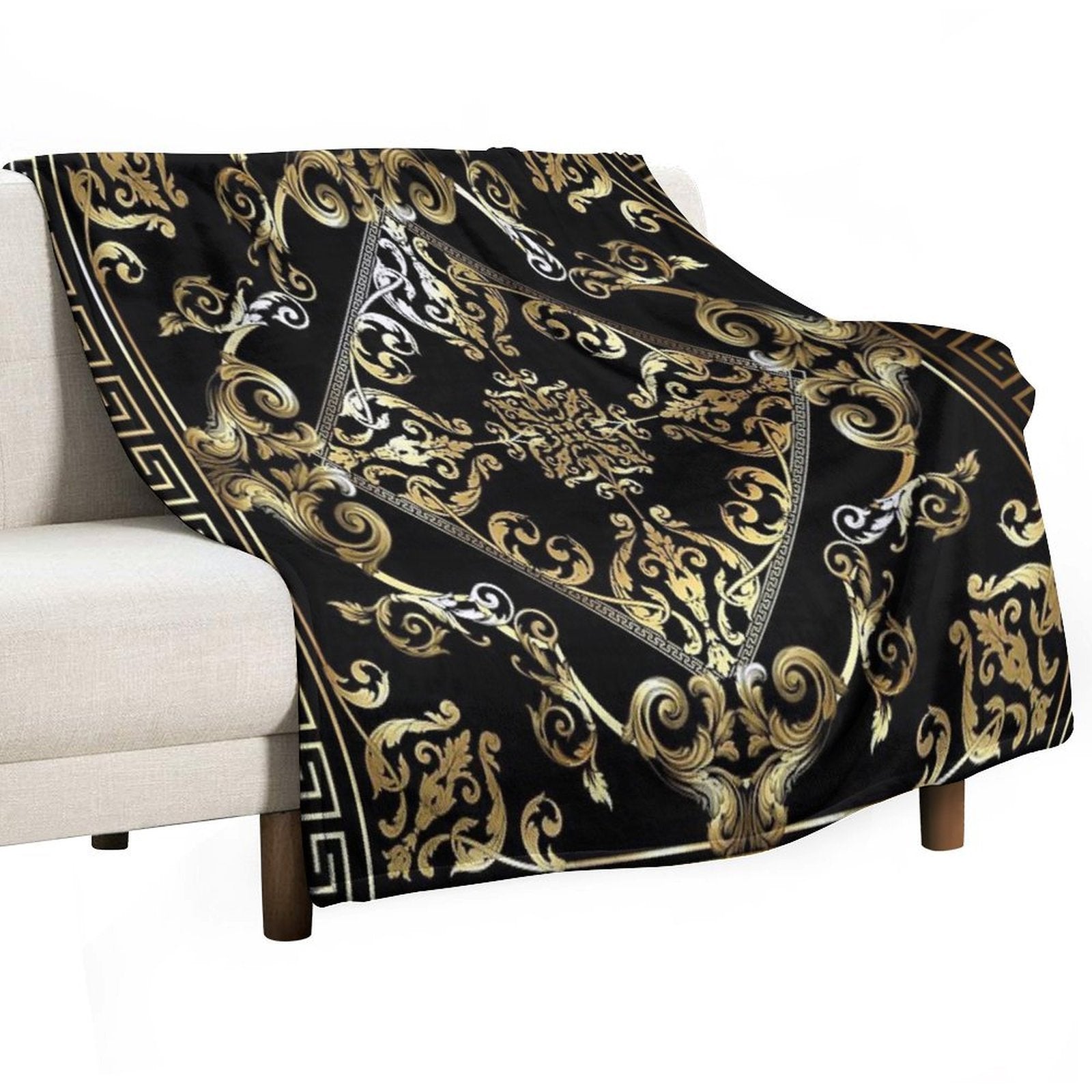 Ornate Baroque Filigree Gold Black Waves Greek Meander All-season Throw Blanket