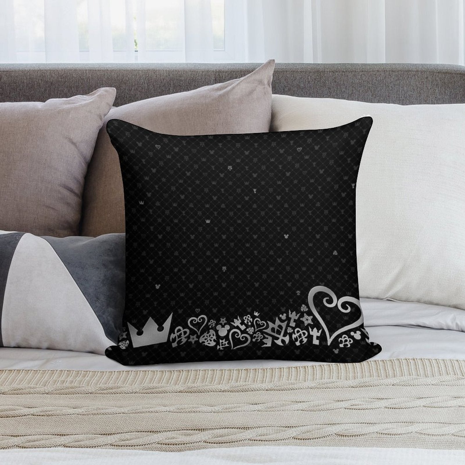 Kingdom Hearts - Black Pattern Soft Hidden Zipper Throw Pillow
