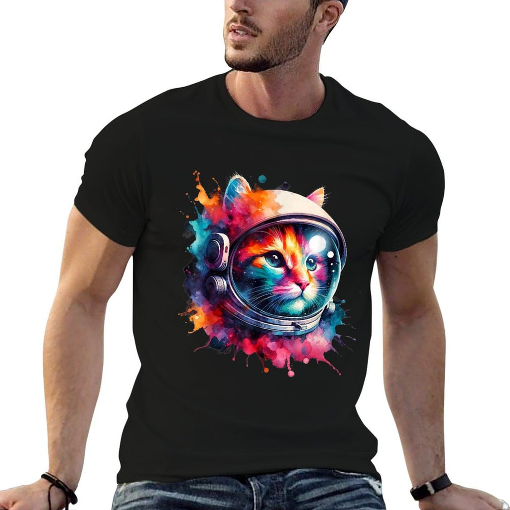 Funny Cat Astronaut Outer Space Watercolor Splash Cat Lover  Heathered Texture T-Shirt