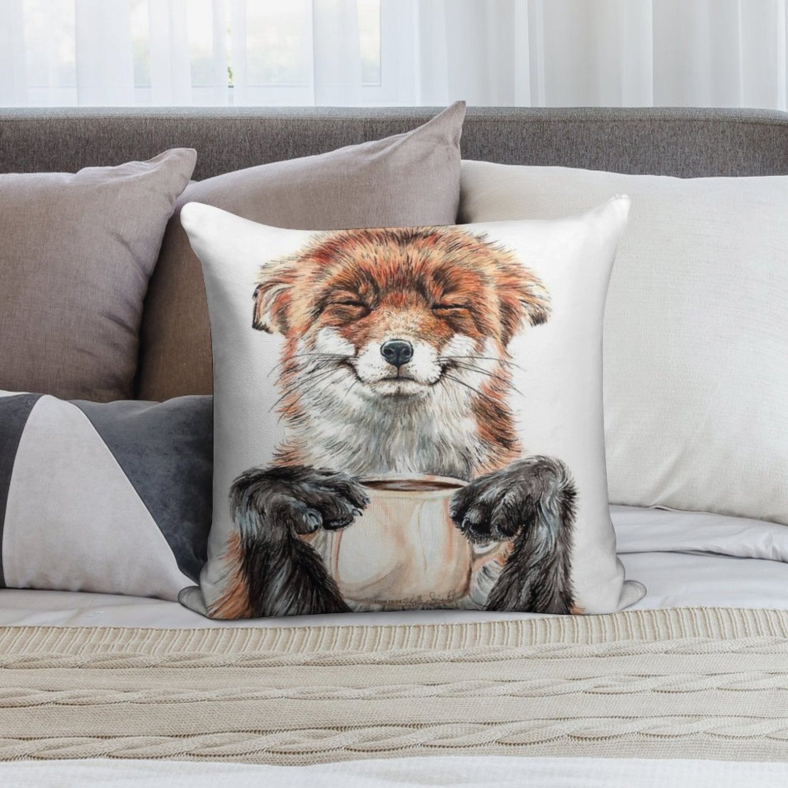 Morning Fox - Cute Coffee Animal Soft Style Accent Throw Pillow