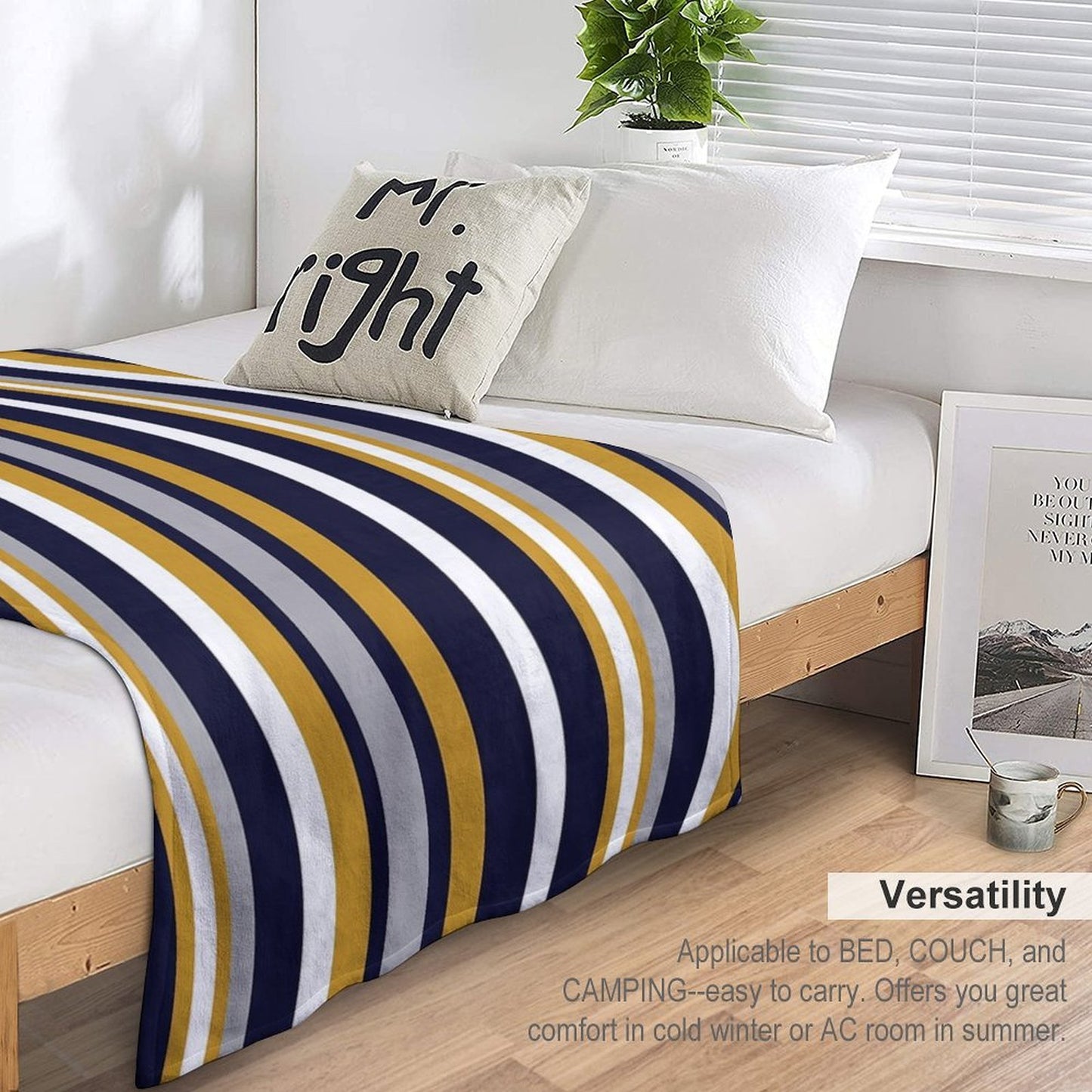 Modern Stripes Vertical Pattern in Honey Mustard Yellow, Dark Navy Blue, Gray, And White. Minimalist Color Block Versatility Throw Blanket