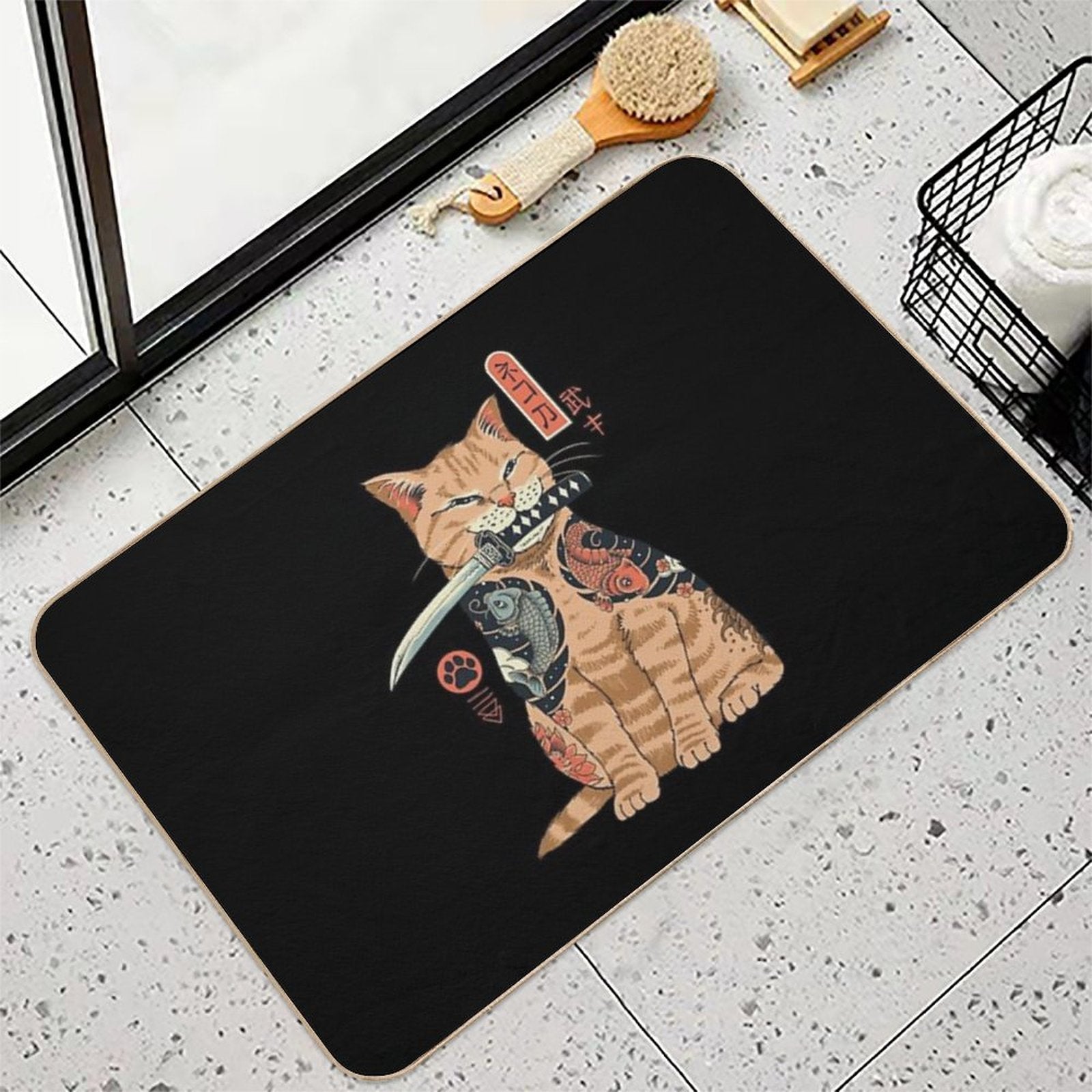 Katana Cat Vintage  Easy To Clean Bath Mat