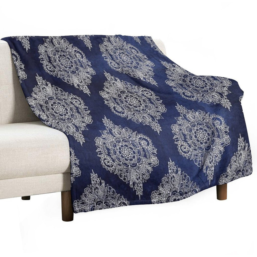 Cream Floral Moroccan Pattern on Deep Indigo Ink Eco-conscious Throw Blanket