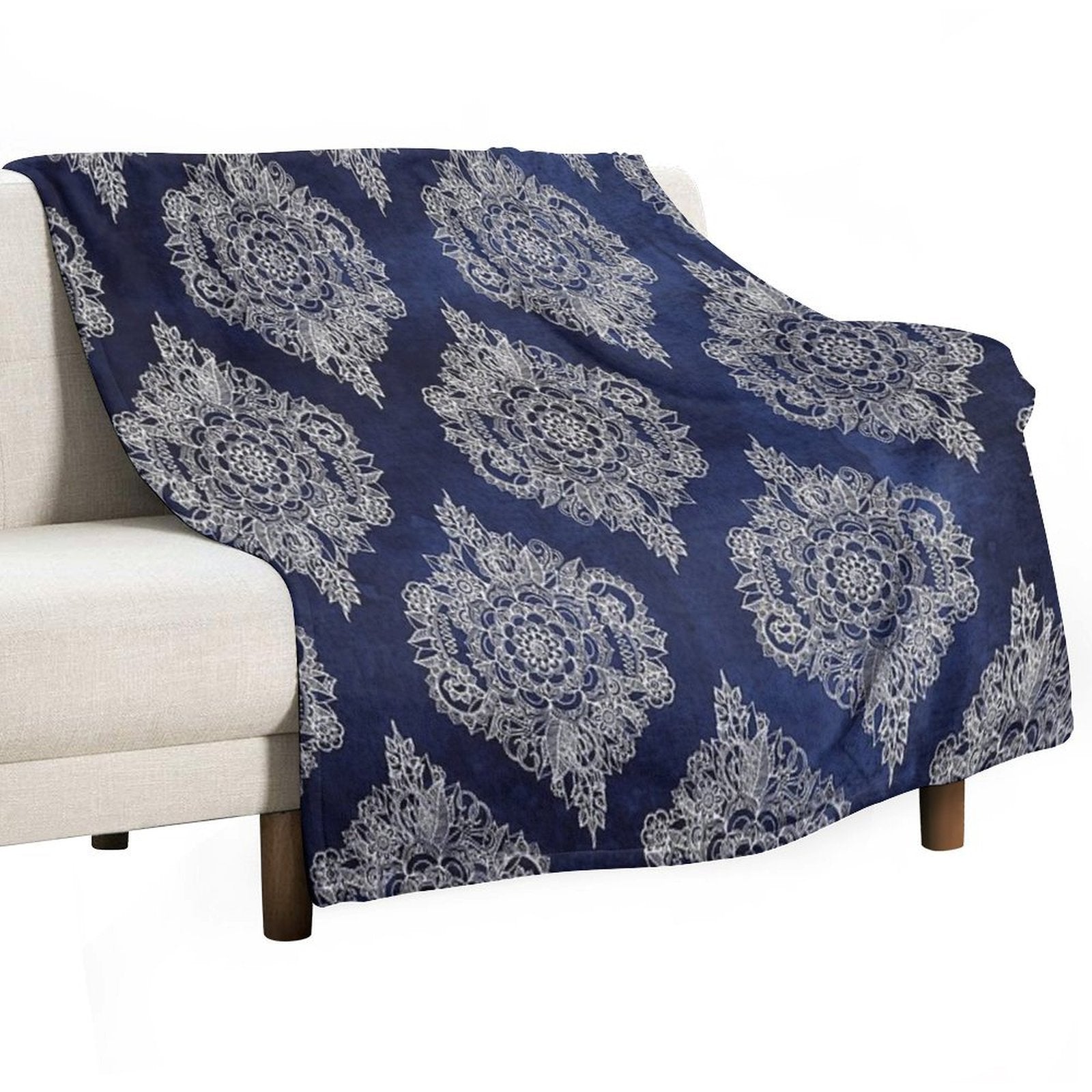 Cream Floral Moroccan Pattern on Deep Indigo Ink Eco-conscious Throw Blanket