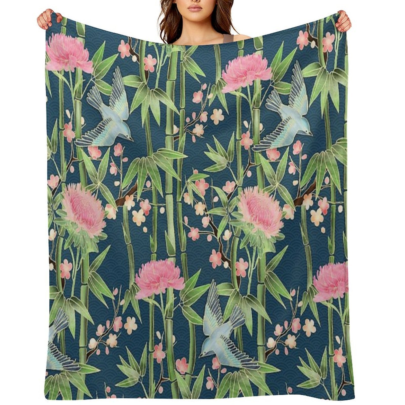 Bamboo, Birds And Blossom - Dark Teal Velvety-soft Throw Blanket