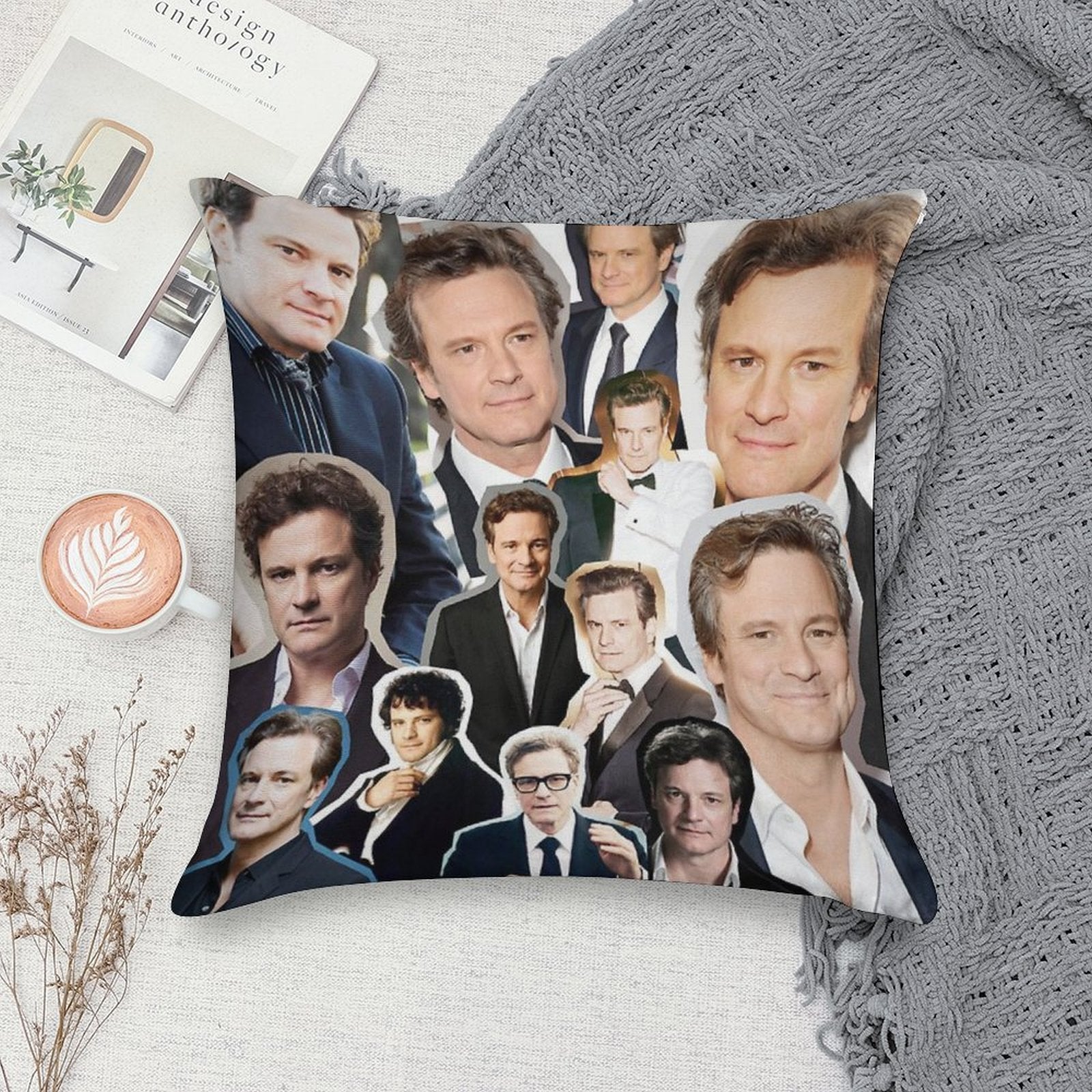 A Stylish Collage Celebrating Colin Firth – Perfect for Fans Who Love Timeless Charm, Classic Films, And A Touch of Cinematic No Soft Luxury Feel Throw Pillow