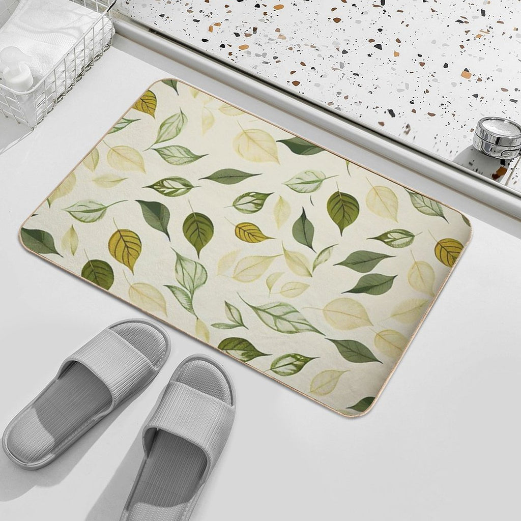 Luciana - Watercolor Leaf Leafs Abstract Painting Pattern in Green, Black, Brown, White Yellow, Blue, Cream, Light Durable Bath Mat