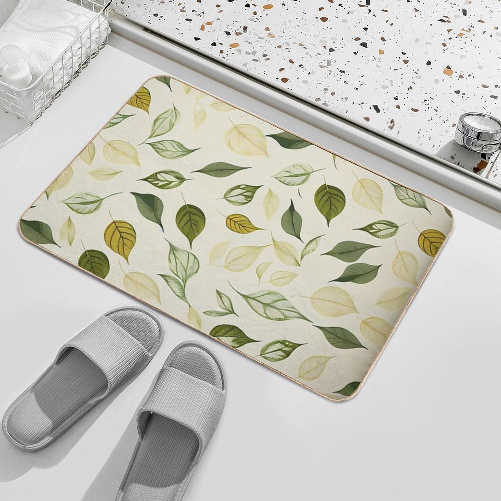 Luciana - Watercolor Leaf Leafs Abstract Painting Pattern in Green, Black, Brown, White Yellow, Blue, Cream, Light Durable Bath Mat