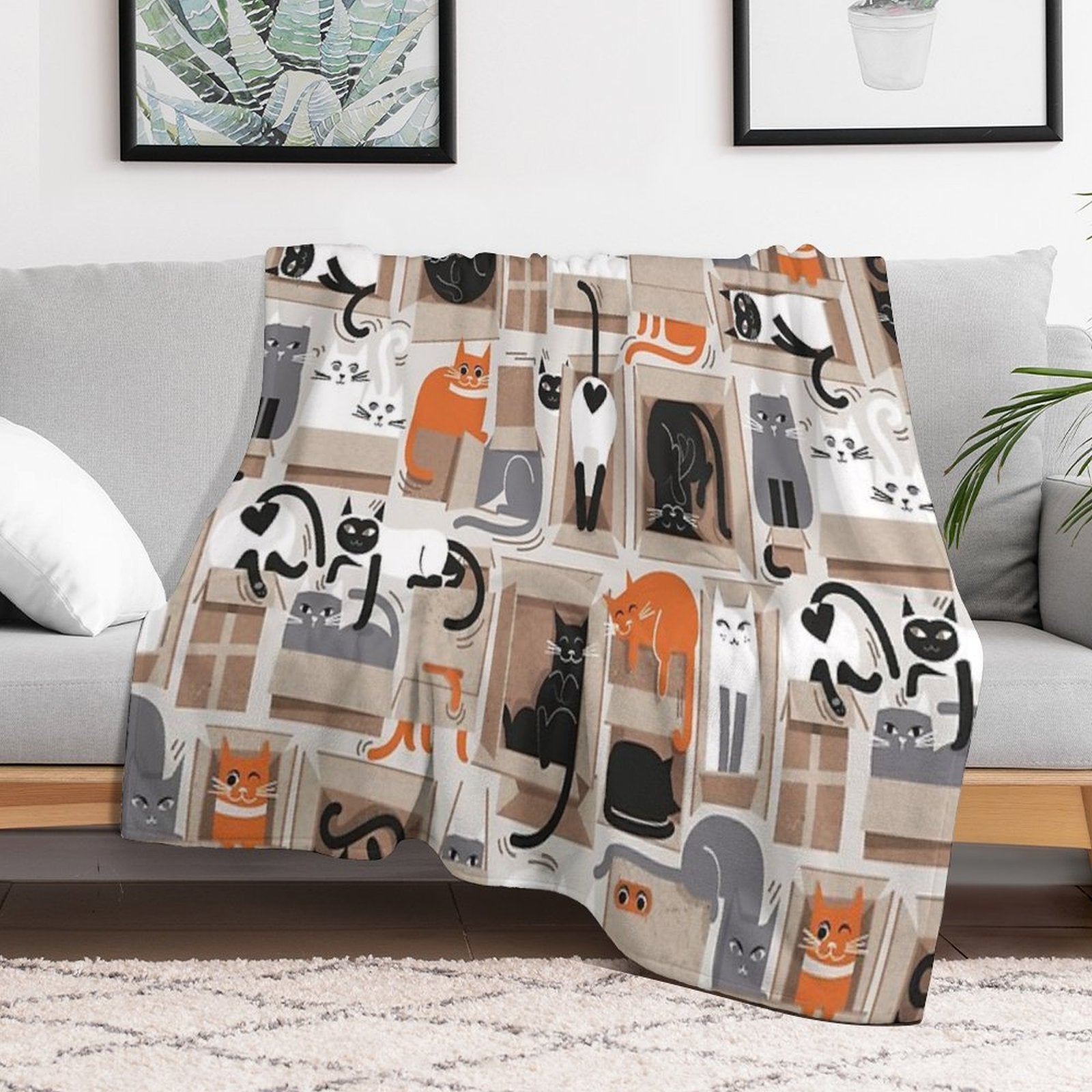 Purfect Feline Architecture  Beige Background Cute Cats in Cardboard Boxes Sustainable Throw Blanket