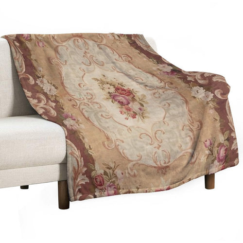 Antique Rose Floral French Aubusson Rug Print Premium Throw Blanket