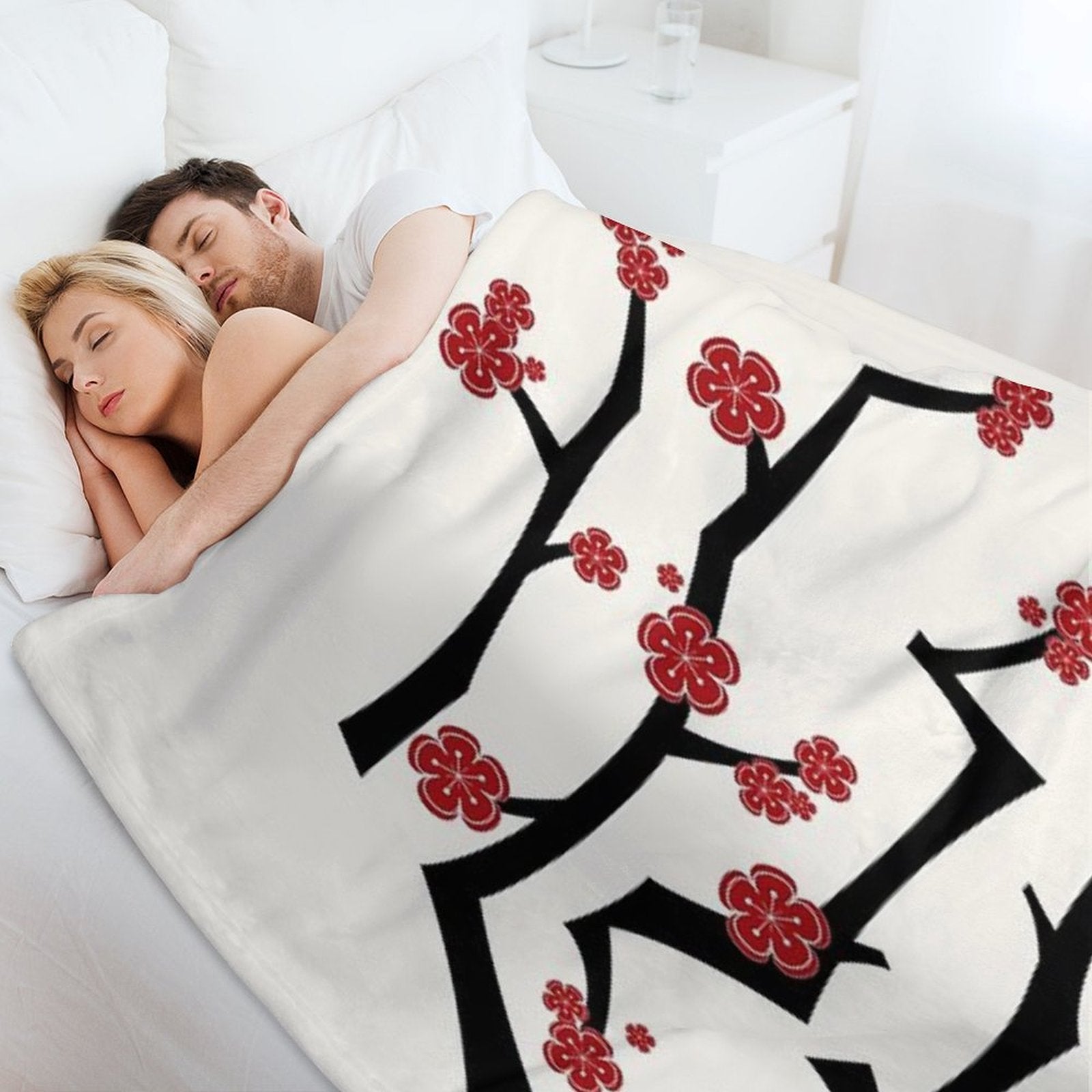 Chinese 'Ai' (Love) Calligraphy With Red Cherry Blossoms On Black Branches  Japanese Sakura Kanji © Fatfatin Anti-pilling Throw Blanket
