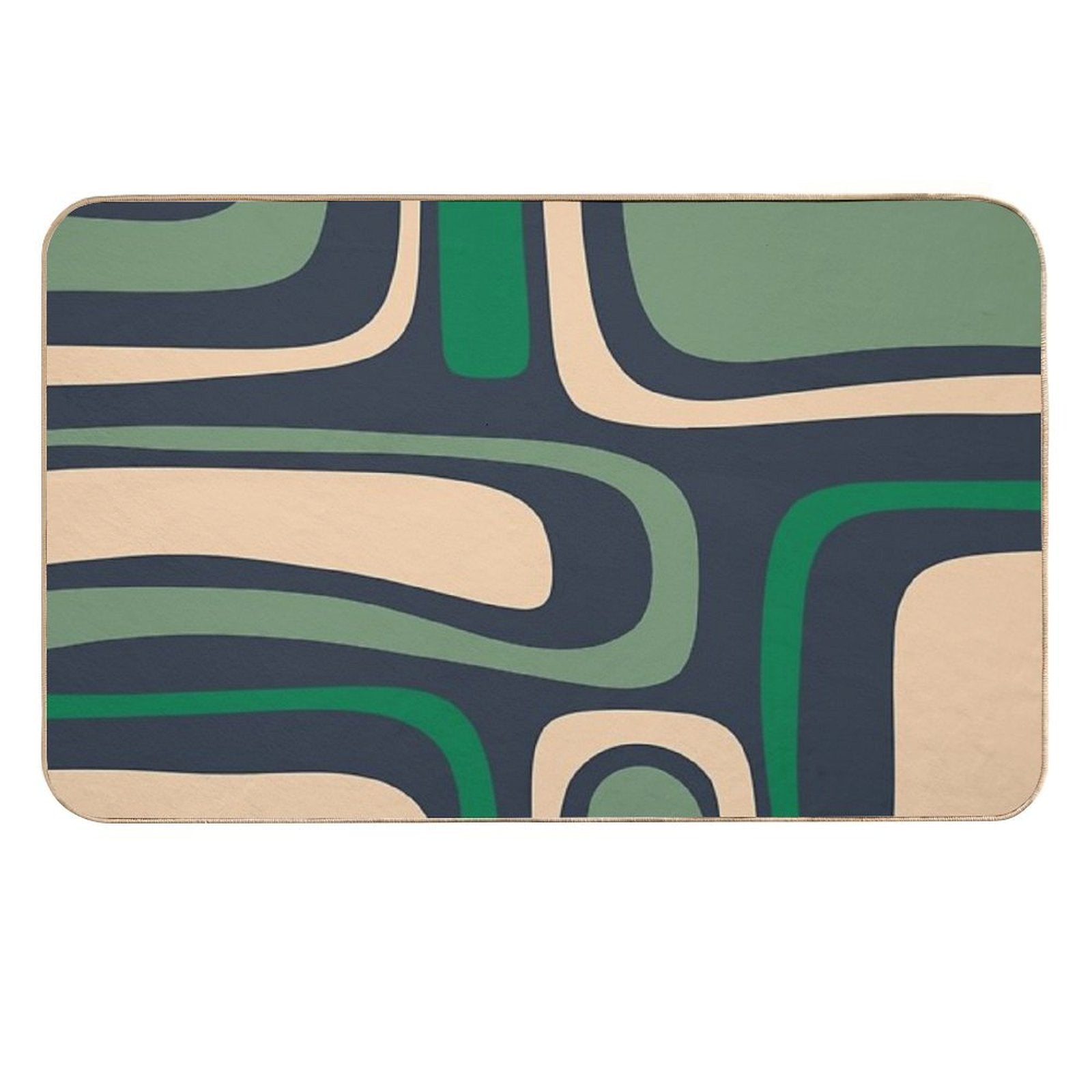 Palm Springs Retro Mid Century Modern Abstract Pattern Dark Blue, Green, And Beige  Stain-Proof Bath Mat