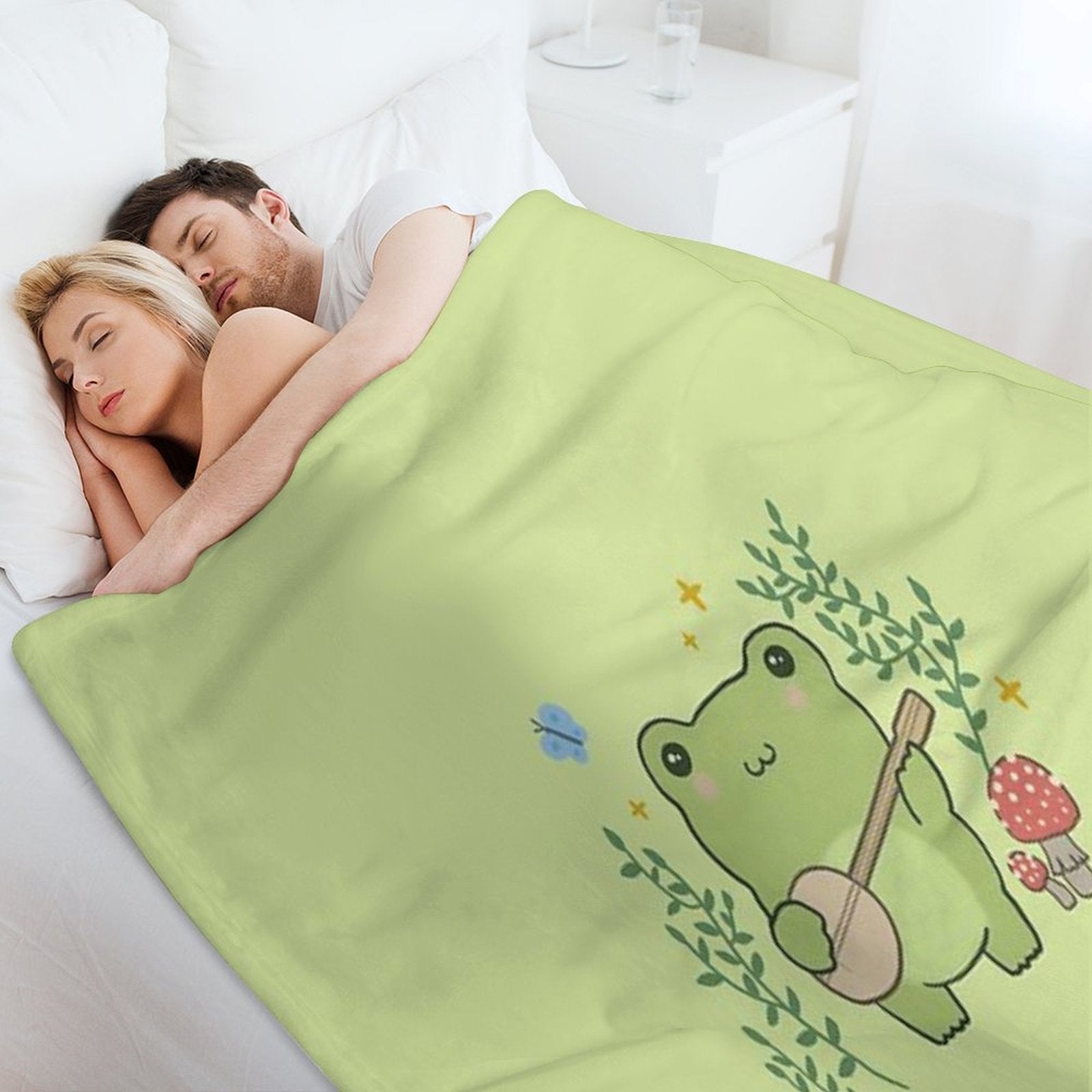 Kawaii Frog Playing Banjo Toad Cottagecore Aesthetic Mushroom And Blue Butterfly Easy Care Throw Blanket