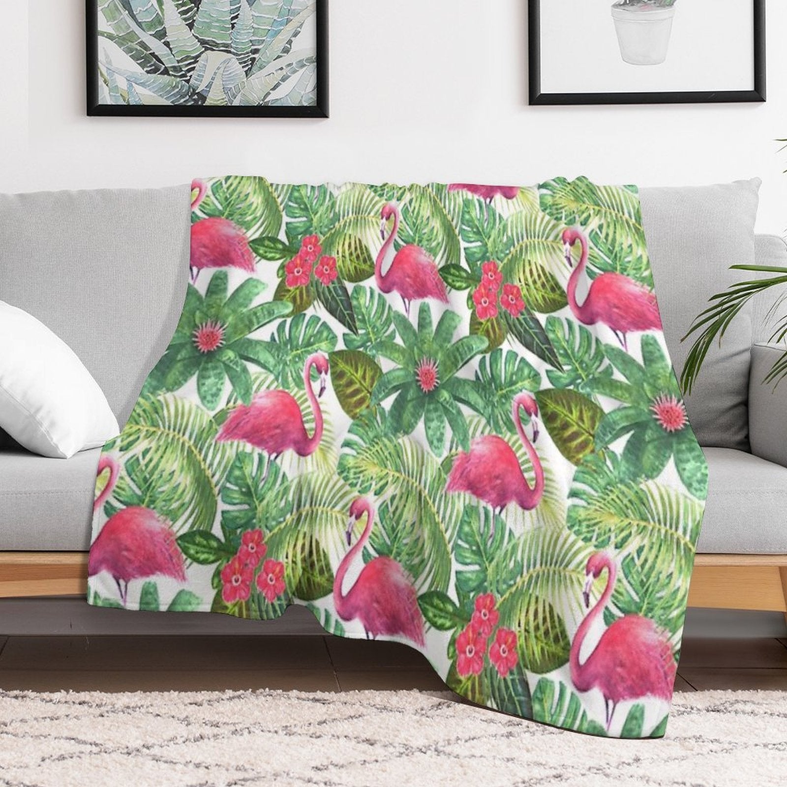 Tropical Exotic Seamless Pattern with Pink Flamingos on White Background Premium Throw Blanket