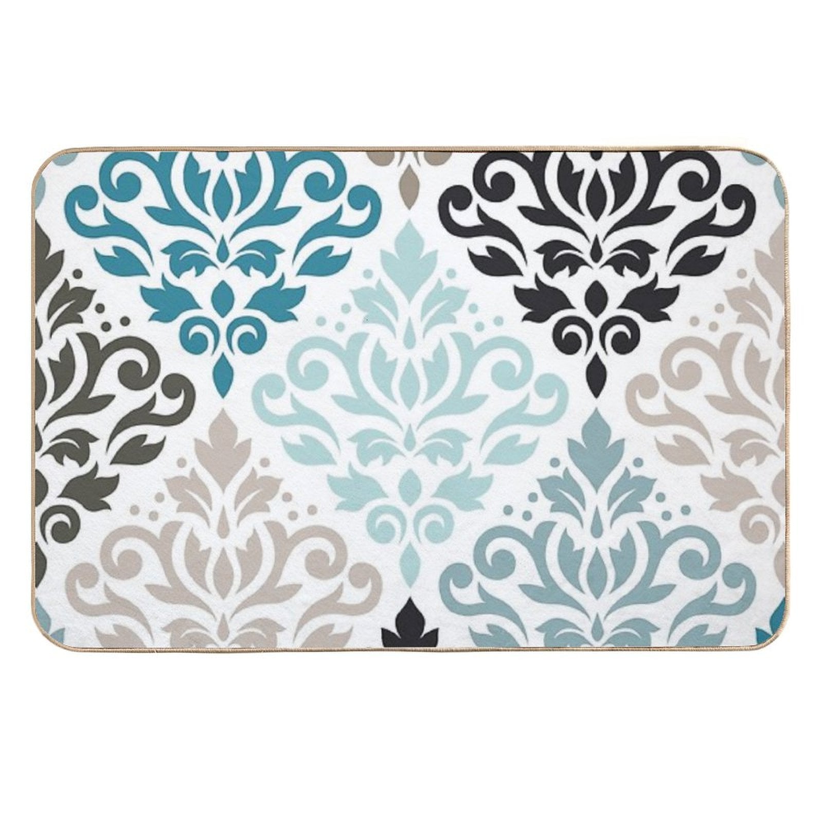 Scroll Damask Pattern Teals Browns White  Rapid-Drying Bath Mat