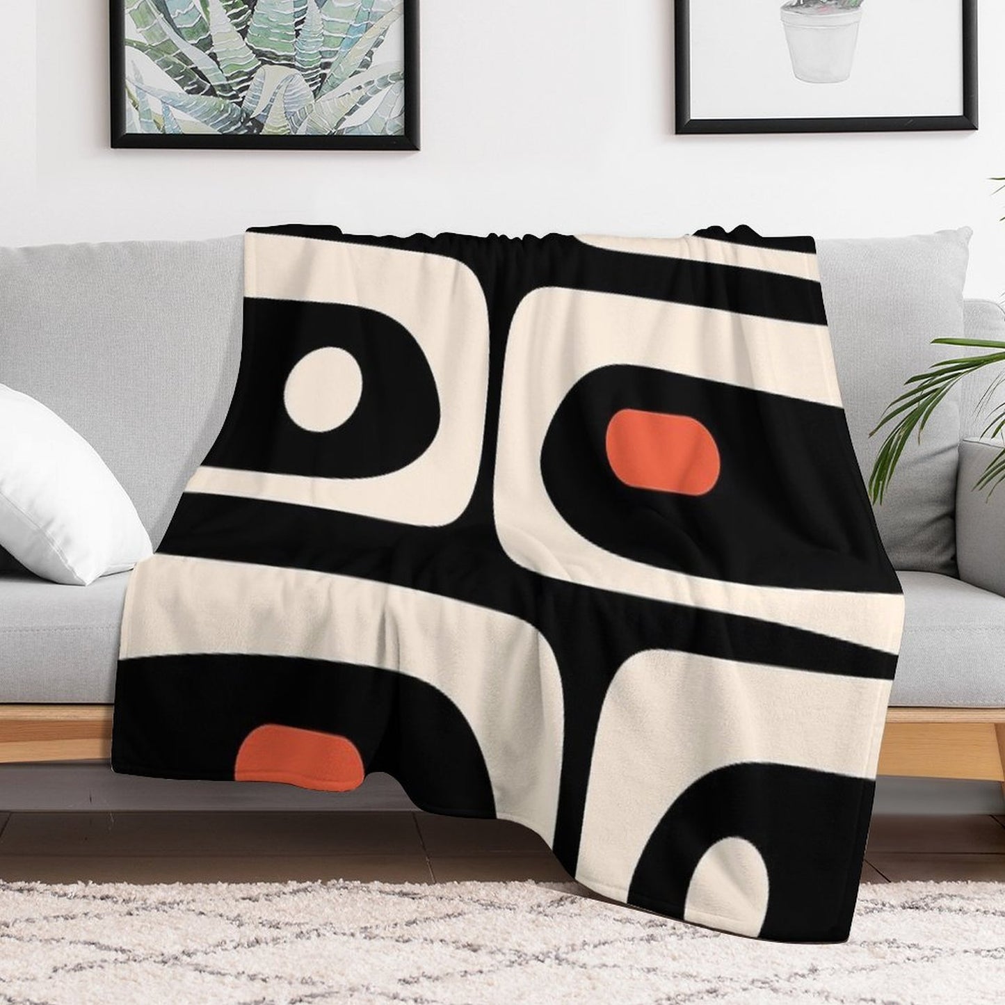 Mid Century Modern Piquet Abstract Pattern Black, Orange, And Almond Cream Travel-friendly Throw Blanket