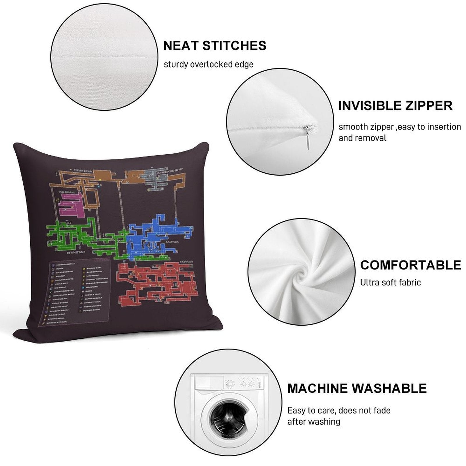 Super Metroid Map Soft Anti-Pilling Throw Pillow