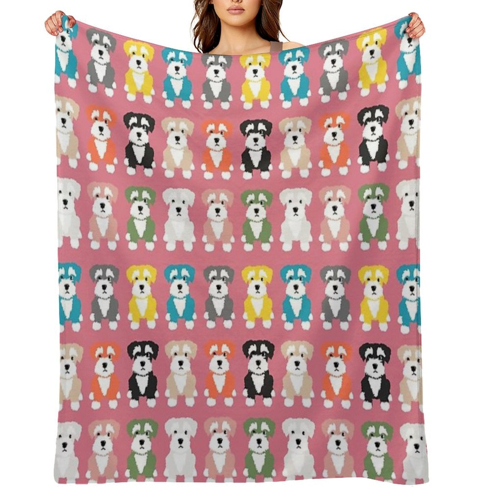 Rainbow of Miniature Schnauzer Dogs on Rose Pink Background Machine-washable Throw Blanket