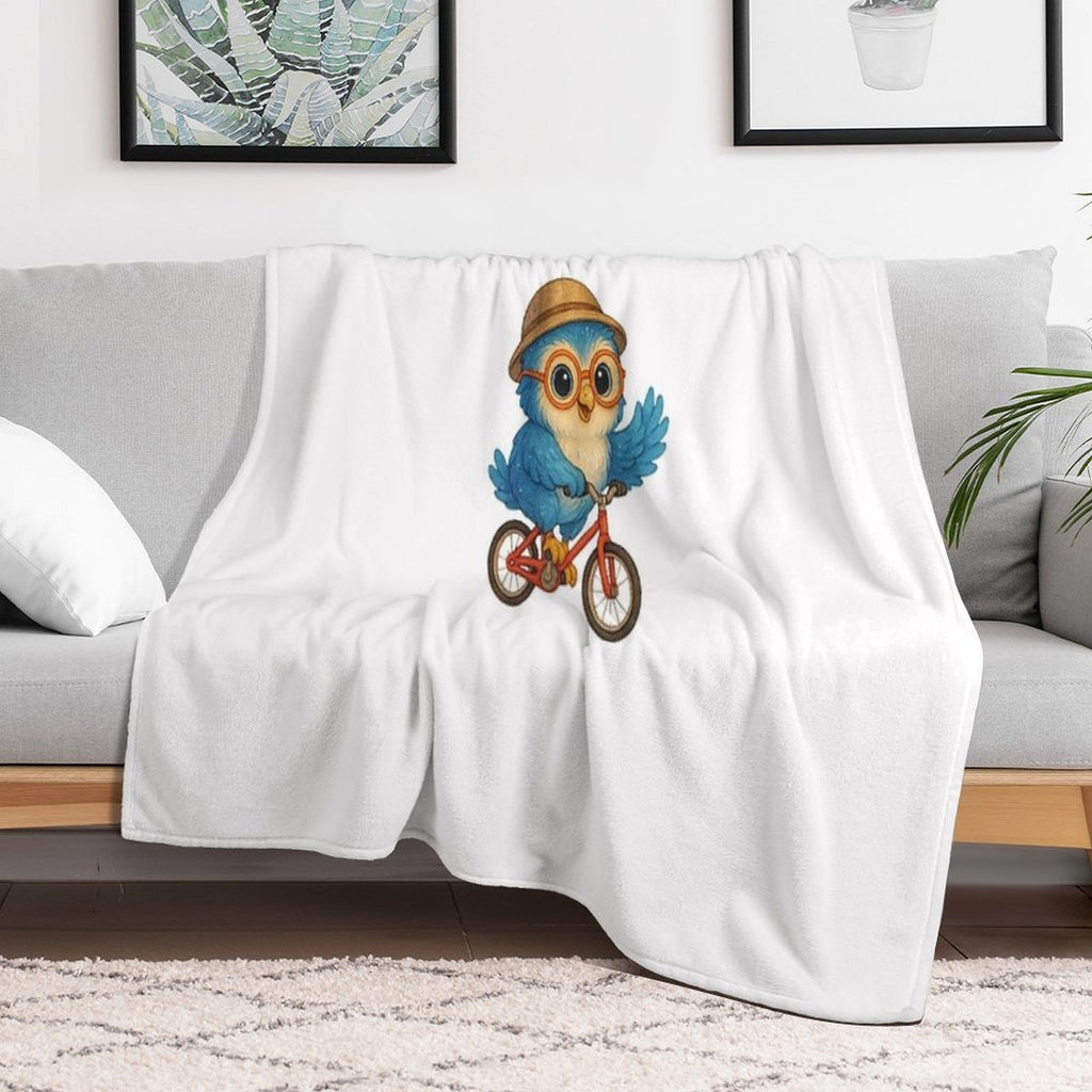 Cute Blue Owl Riding A Bicycle – Kawaii Cartoon Animal Adventure Sustainable Throw Blanket