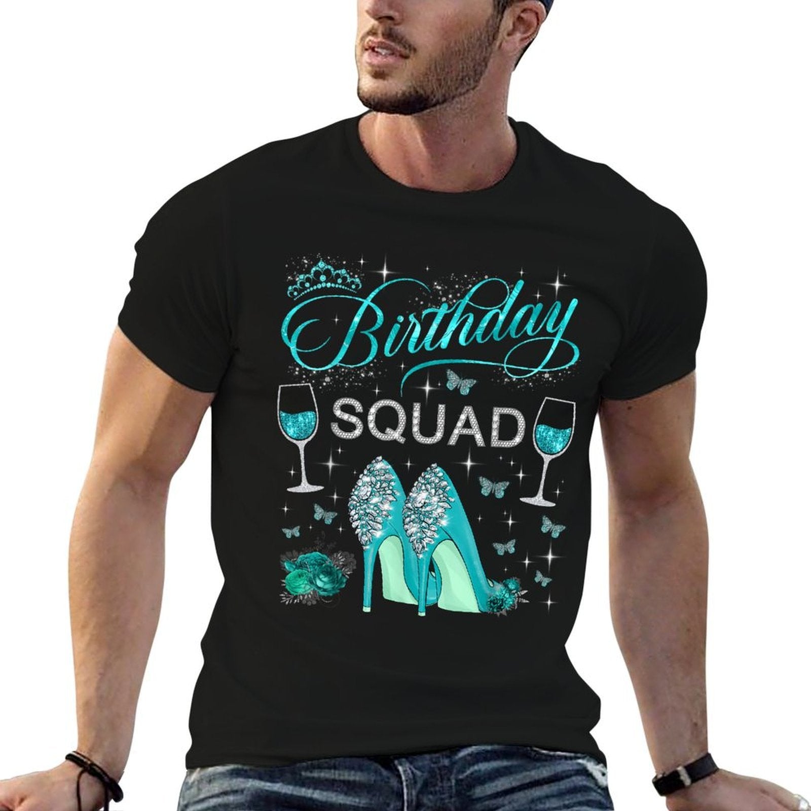Birthday Squad Diva Squad High Heels Butterflies Women Girls  Fade-proof Color T-Shirt