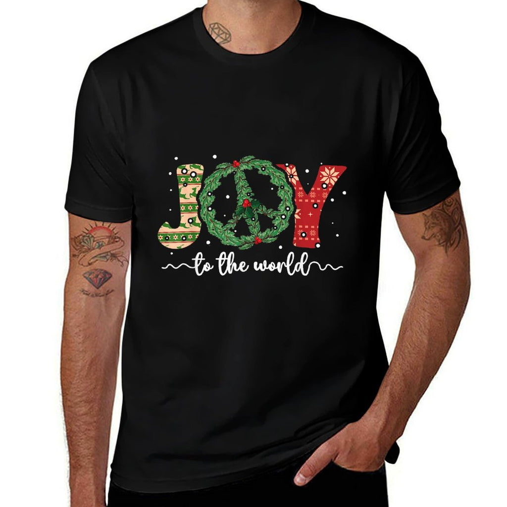 Joy to The World Peace Sign Christmas Retro 70s 80s Hippie  Cotton T-Shirt
