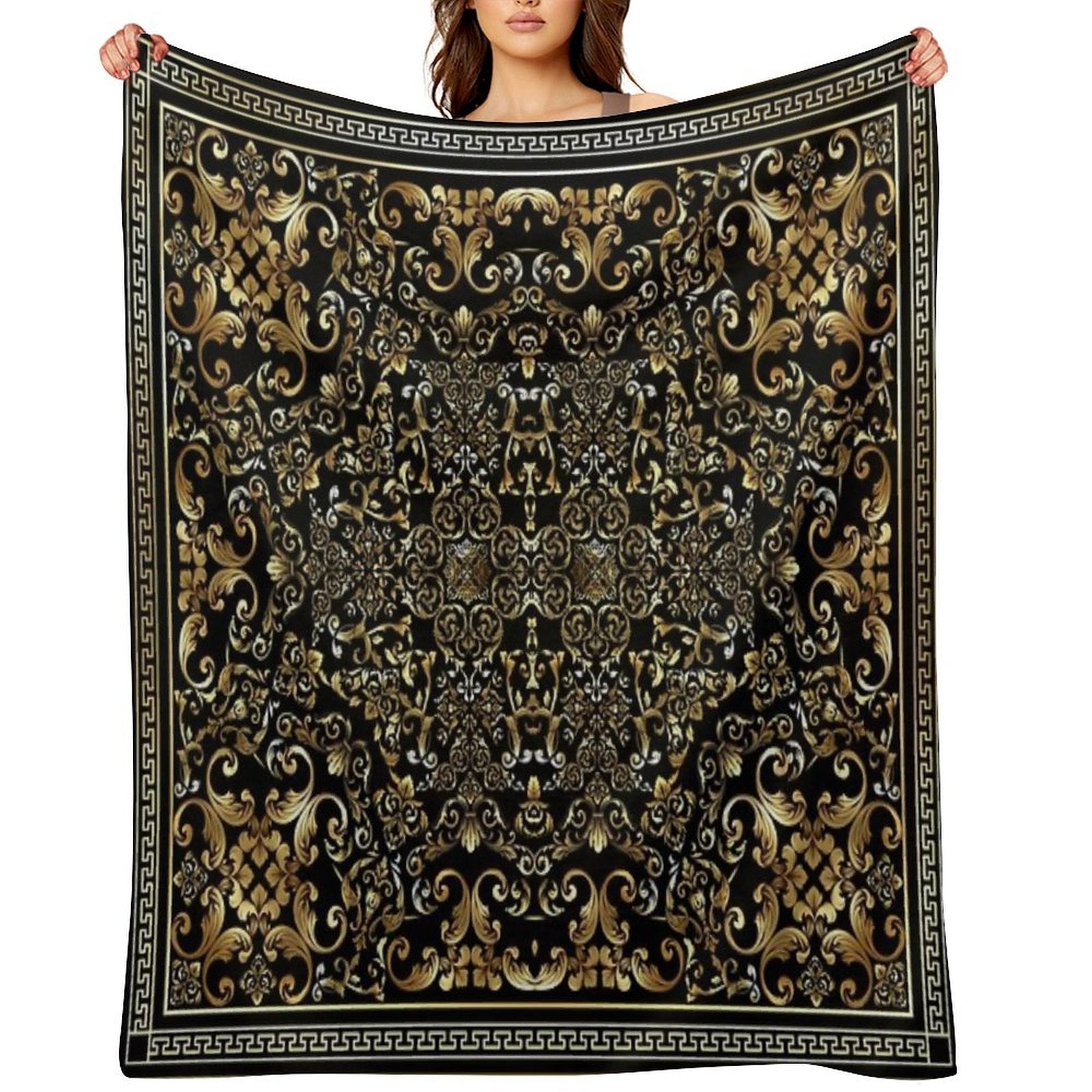 Ornate Baroque Black And Gold Greek Key Border Sustainable Throw Blanket