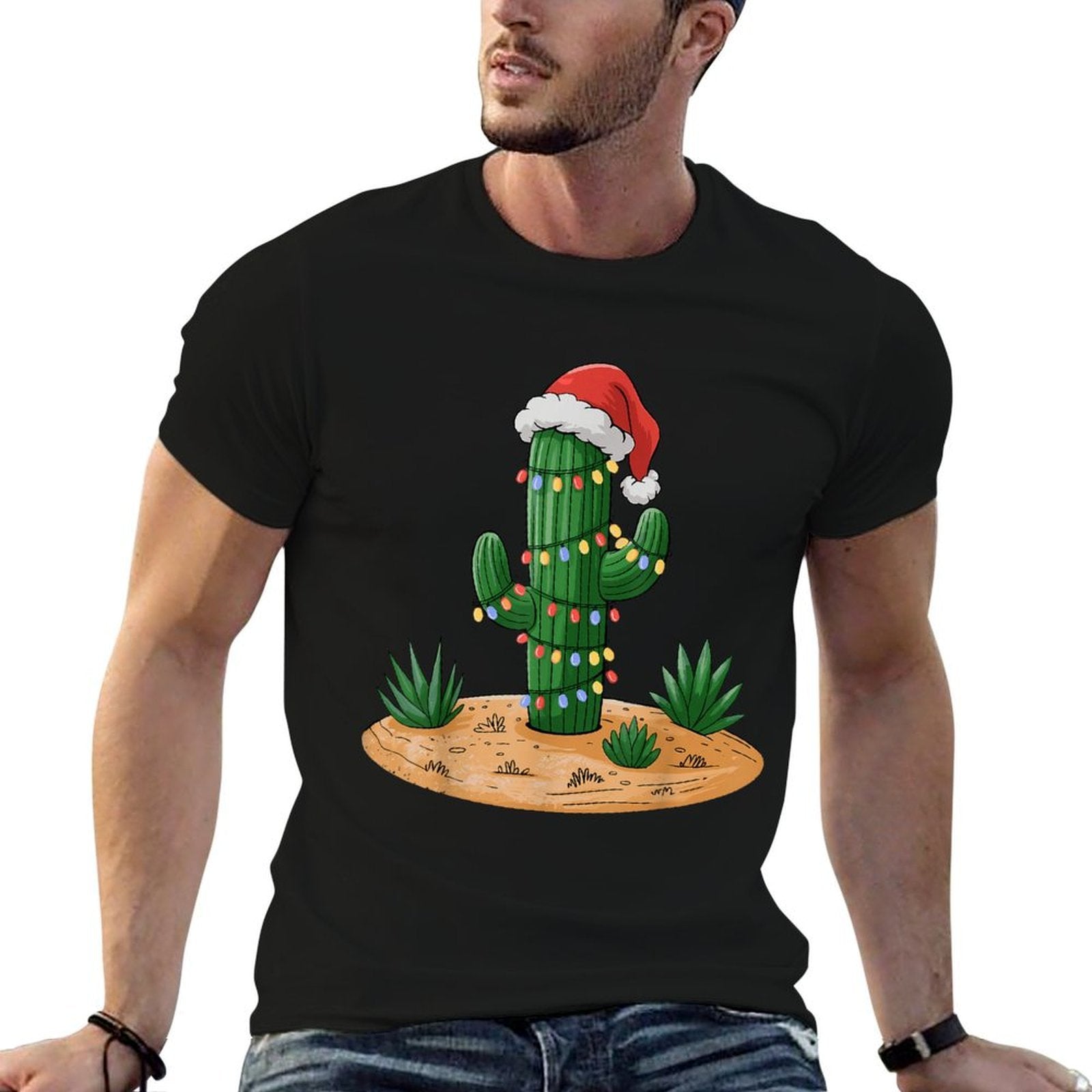 Christmas Lights Cactus Lover Funny Xmas for Men Women Kids  Soft T-Shirt