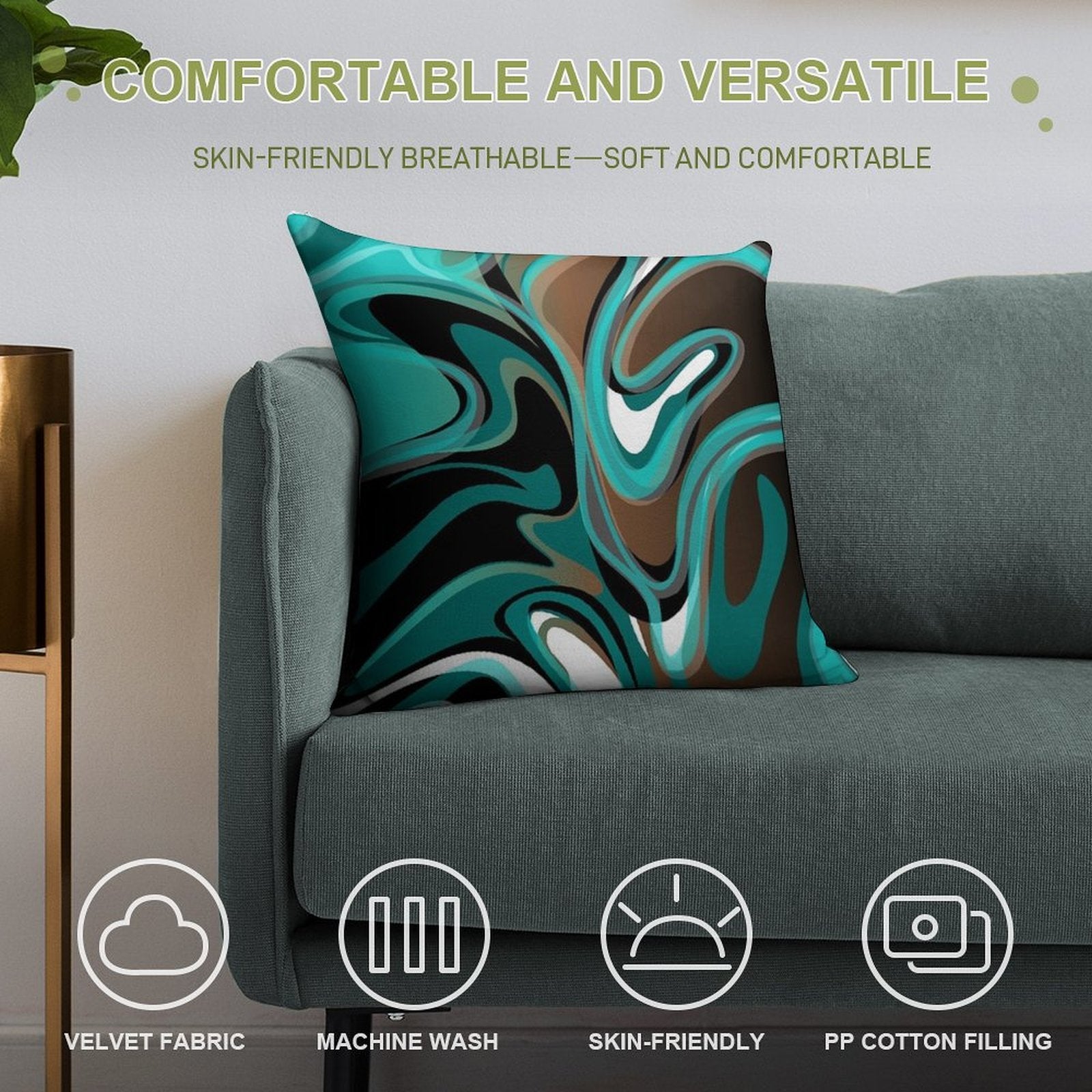 Liquify – Brown, Turquoise, Teal, Black, White Soft Luxury Feel Throw Pillow