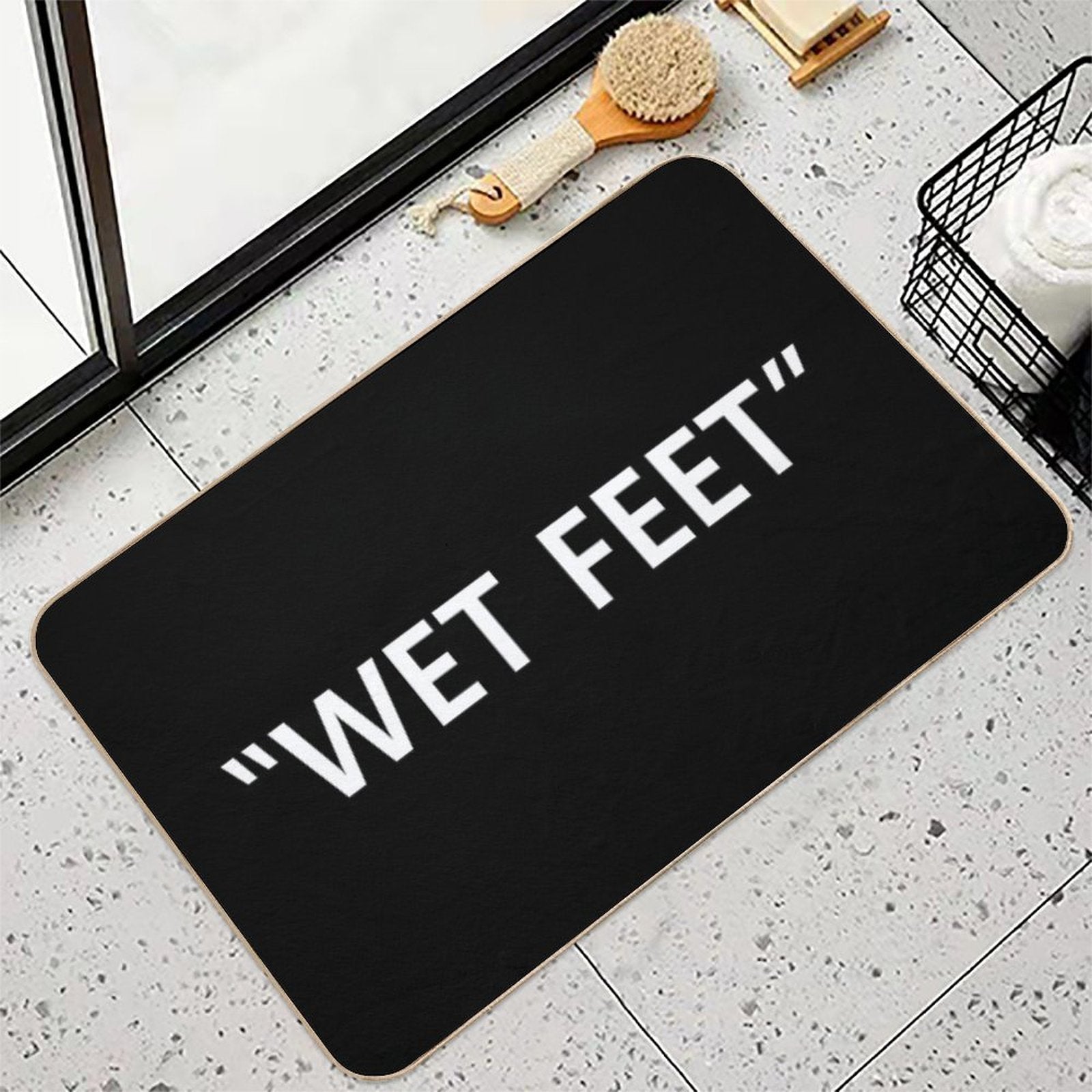 Wet Feet White on Black  Stain-Proof Bath Mat
