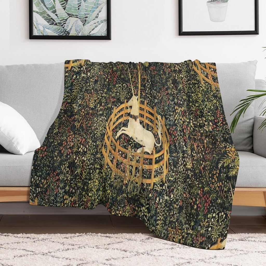 UNICORN IN CAPTIVITY AND GOTHIC FANTASY FLOWERS, GREEN FLORAL MOTIFS Travel-friendly Throw Blanket