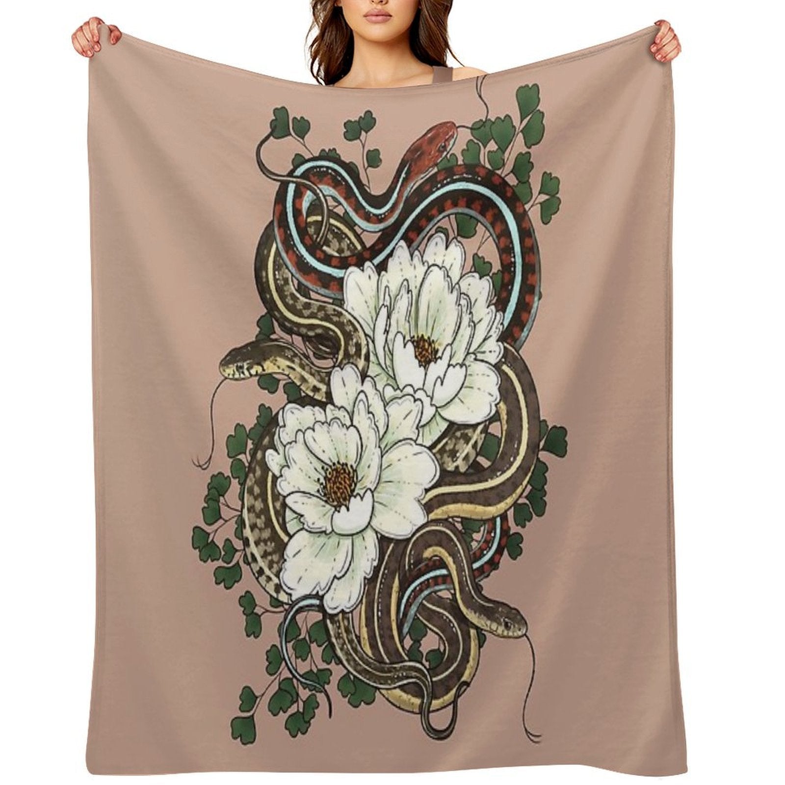 Garter Snakes with White Peonies Premium Throw Blanket