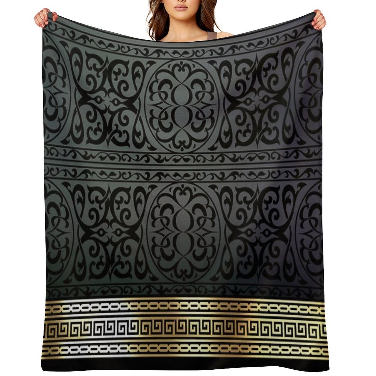 Greek Key Ornate Black & Gold All-season Throw Blanket