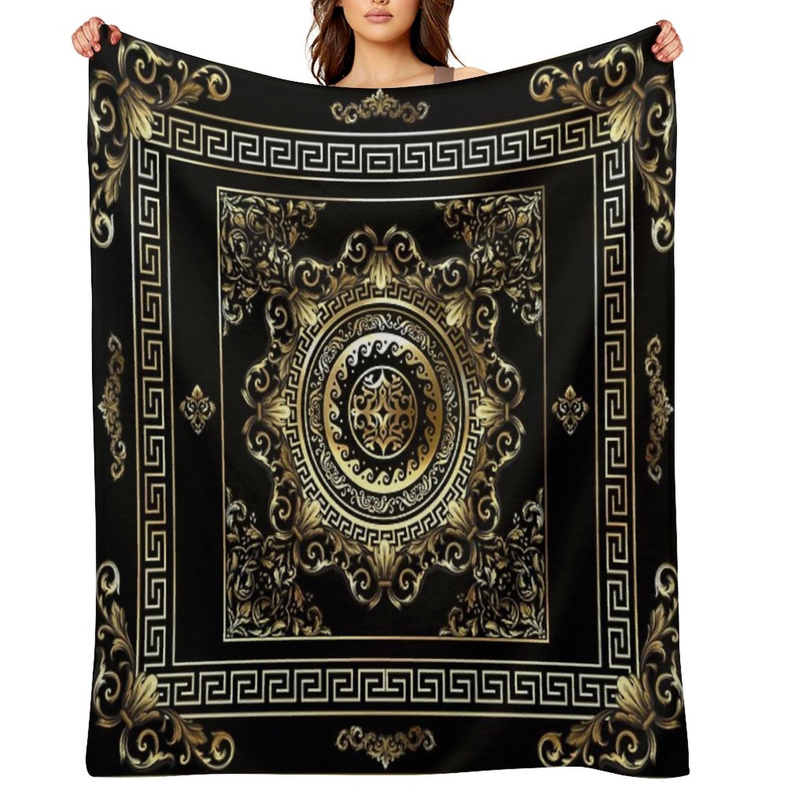 Ornate Baroque Black And Gold Greek Key Border Quick-dry Throw Blanket