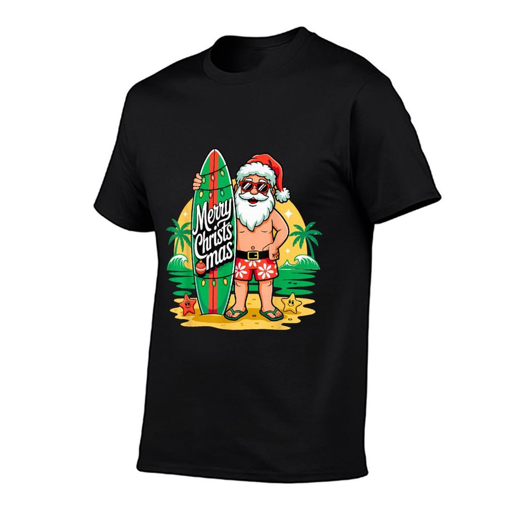 Santa Surfing Hawaiian Beach Christmas in July Tropical Xmas  Fade-proof Color T-Shirt