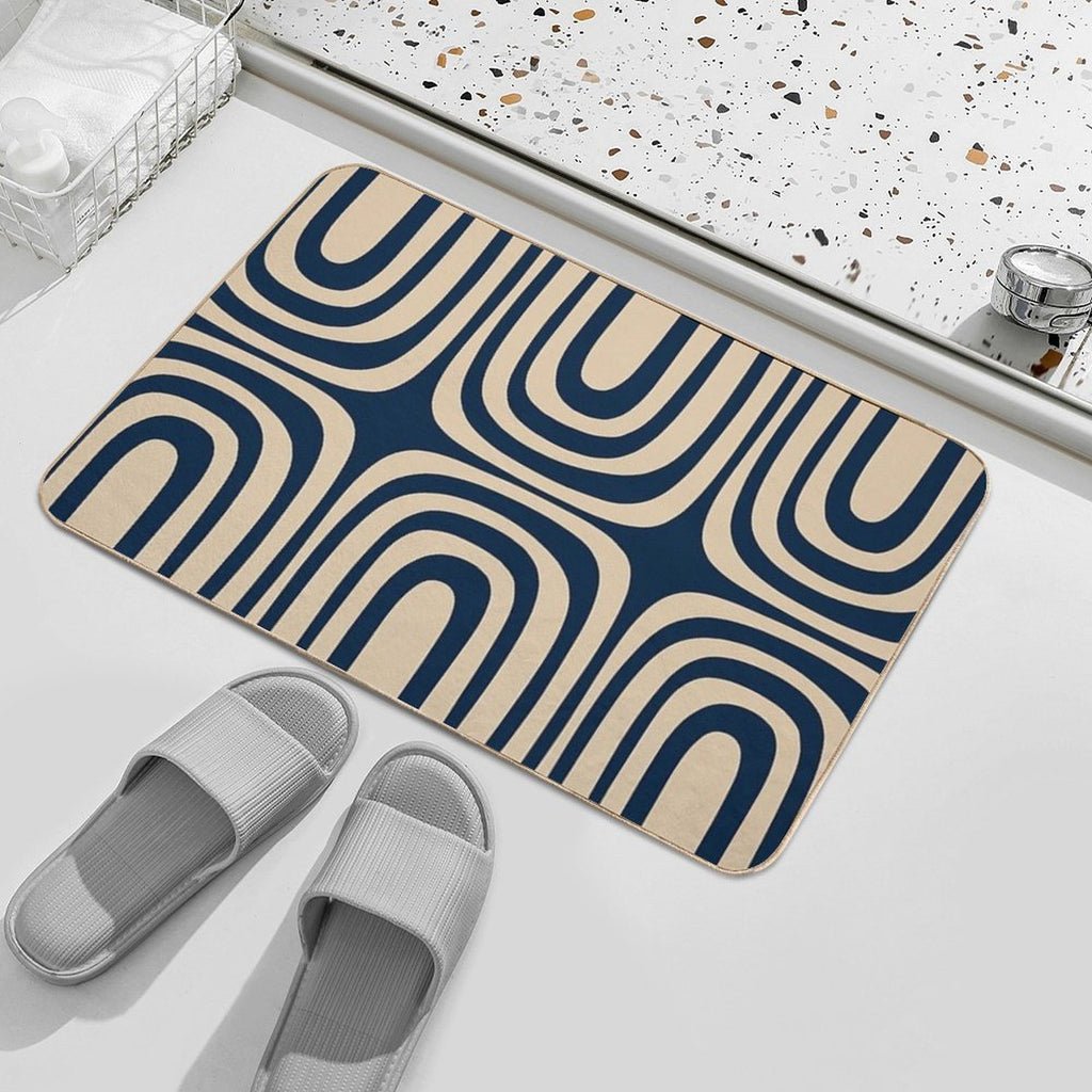 Midcentury Modern Confaab Abstract Pattern in Mid Mod Navy Blue And Beige  Easy Maintenance Bath Mat